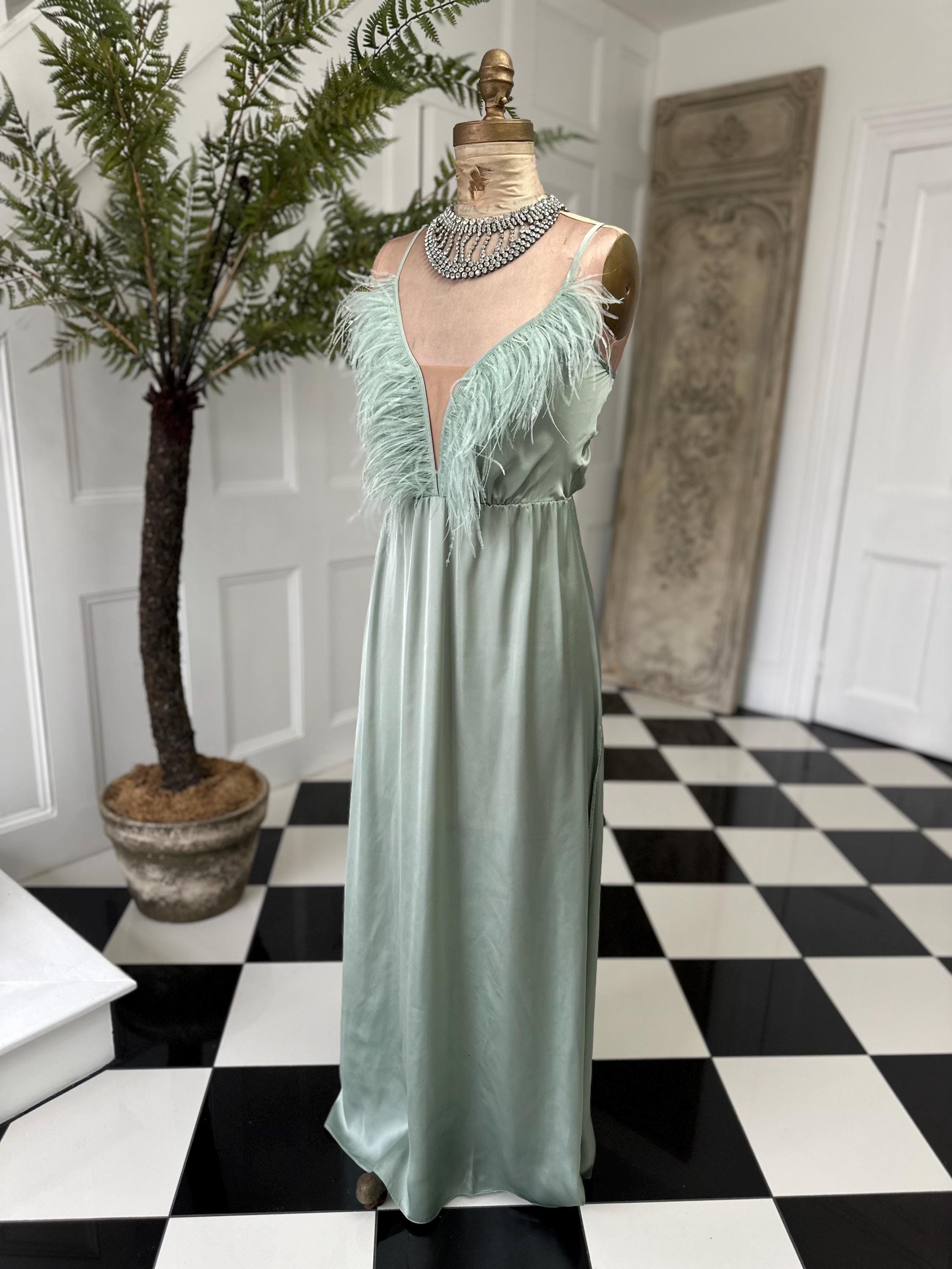 1930s style sage green  ostrich feather satin gown