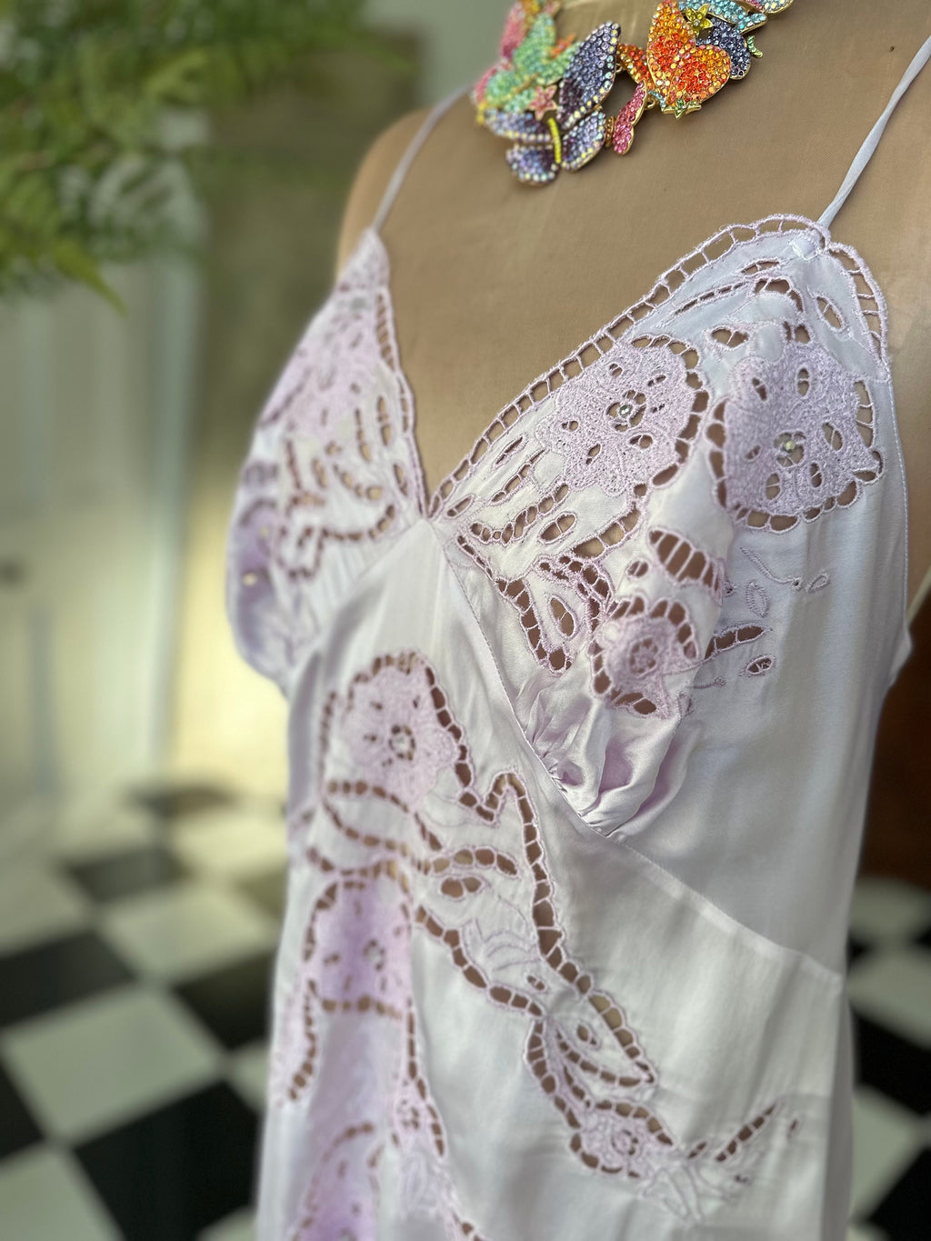 Vintage very sexy lilac cutout lace long slip