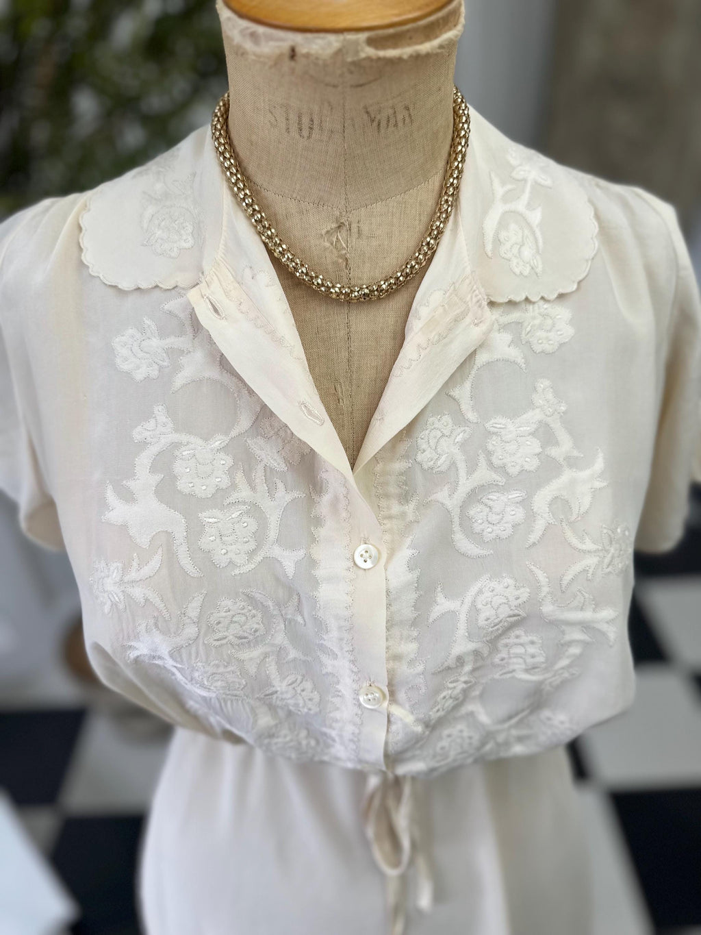 1940s Cream Silk Dress: Vintage Hand Embroidered A-Line