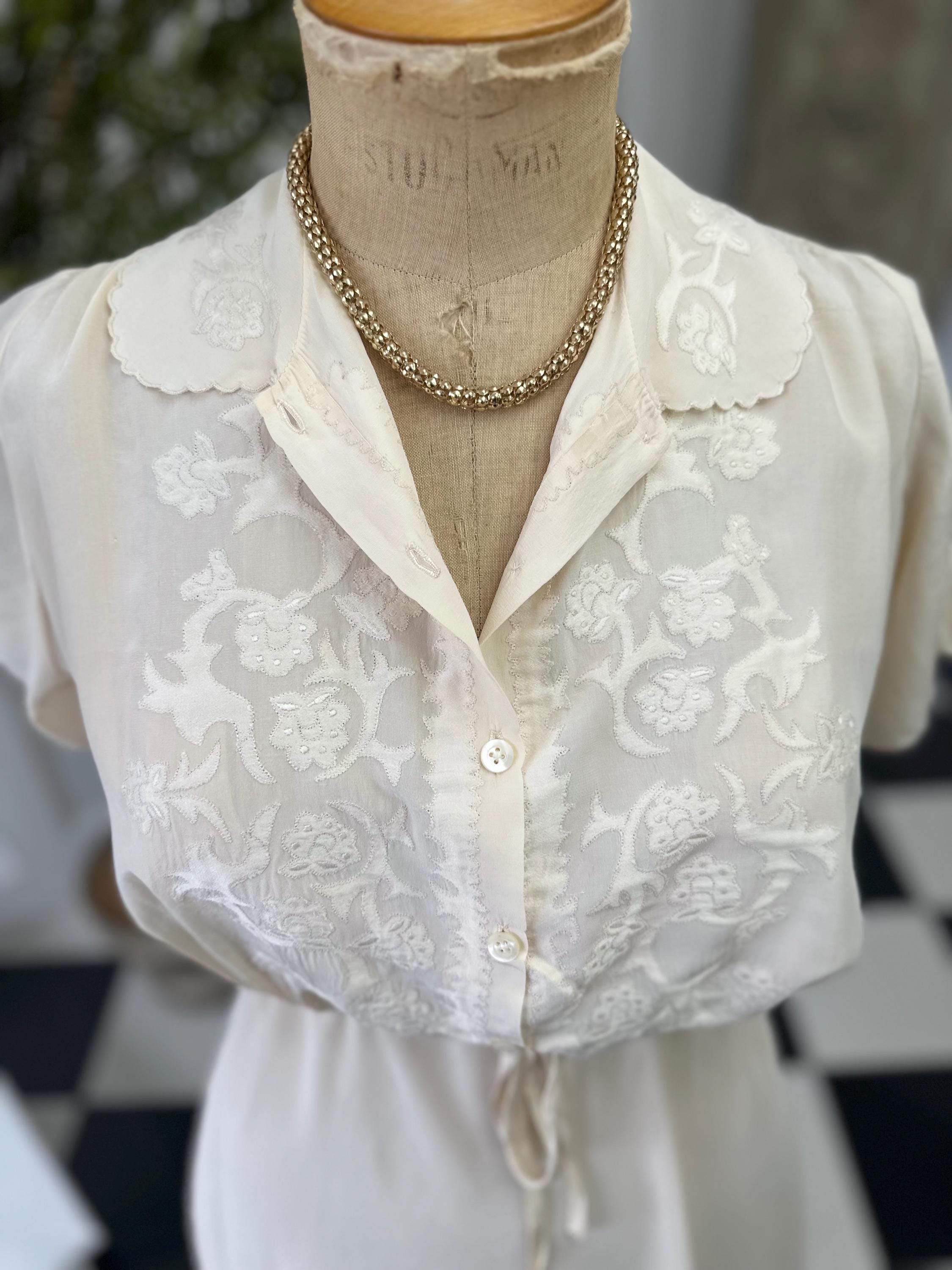 1940s Cream Silk Dress: Vintage Hand Embroidered A-Line