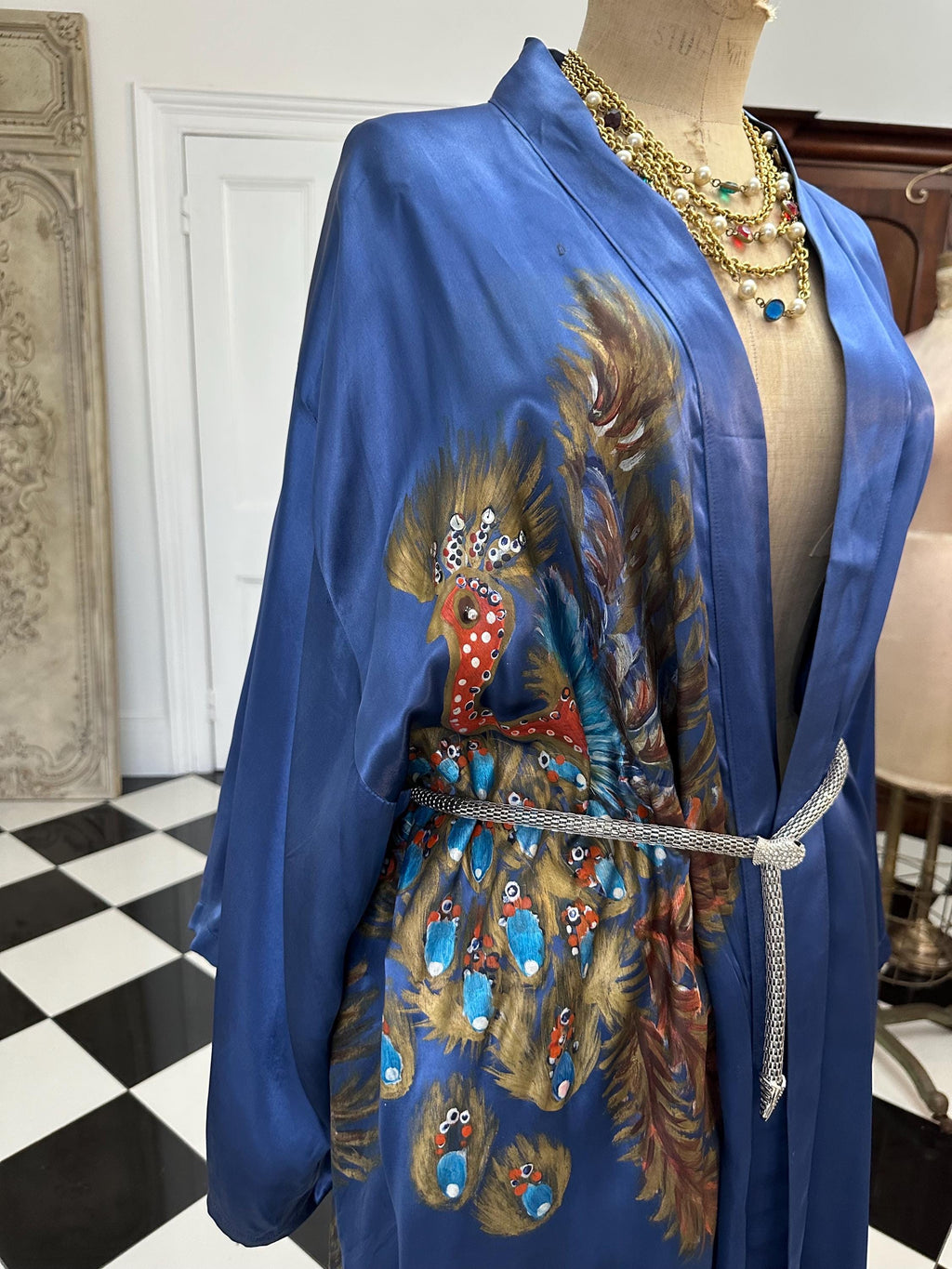 1970 Blue satin hand painted peacock design