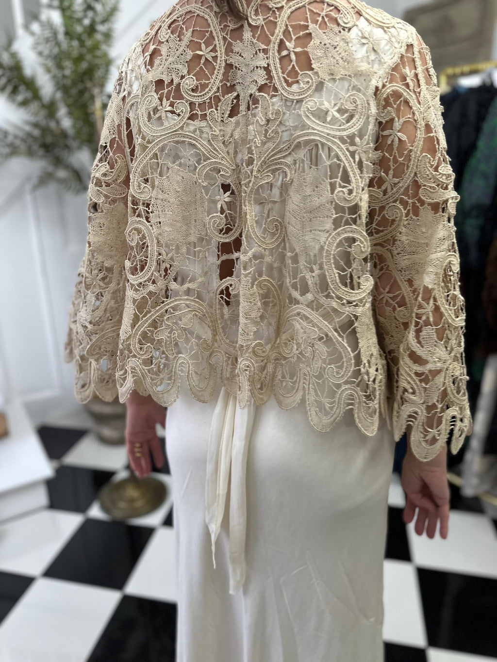 19th Century Cream Bobbin Lace Cape: Sage Green Silk Ribbon, Cotton
