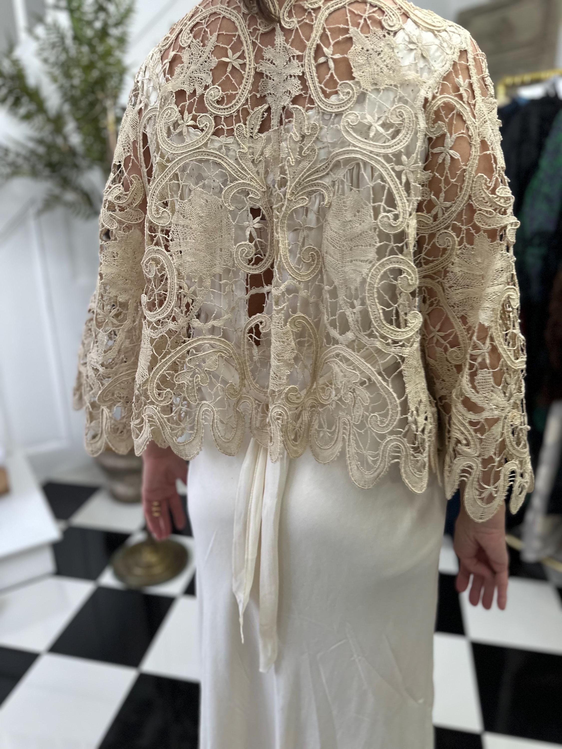 19th Century Cream Bobbin Lace Cape: Sage Green Silk Ribbon, Cotton