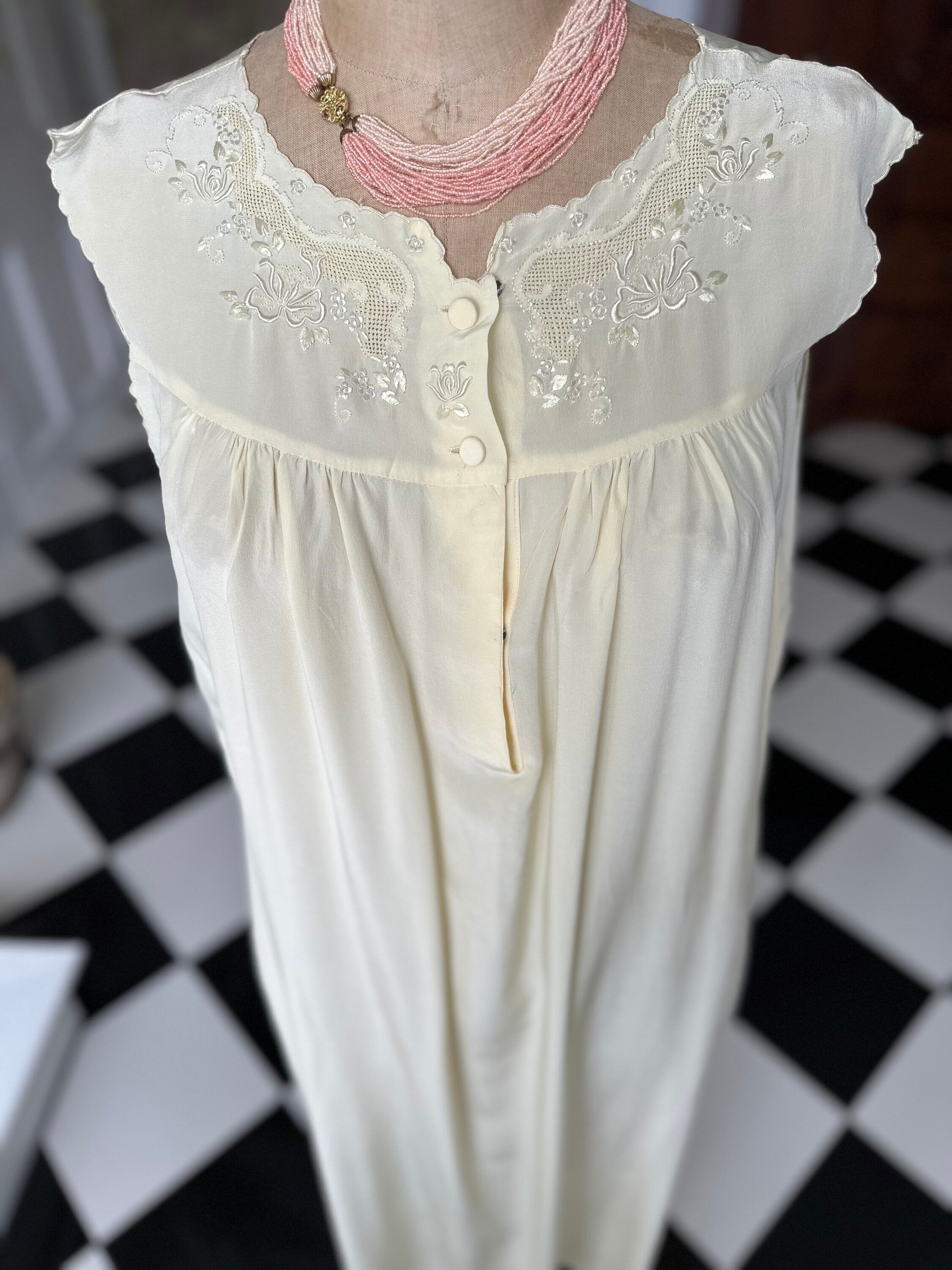 Vintage cream silk smock style long slip dress with hand embroidery
