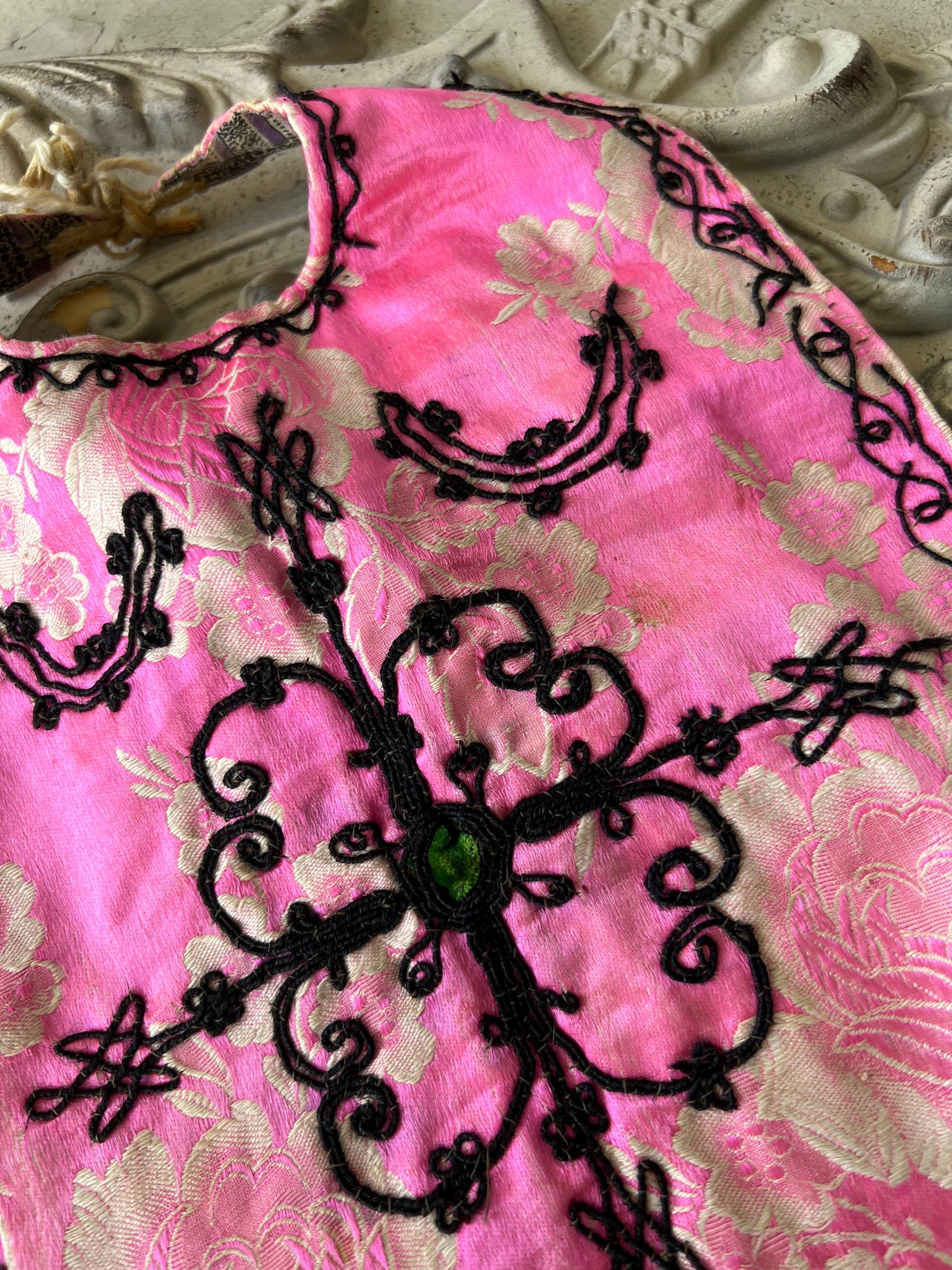 Antique Ottoman pink silk baby bib with embroidery