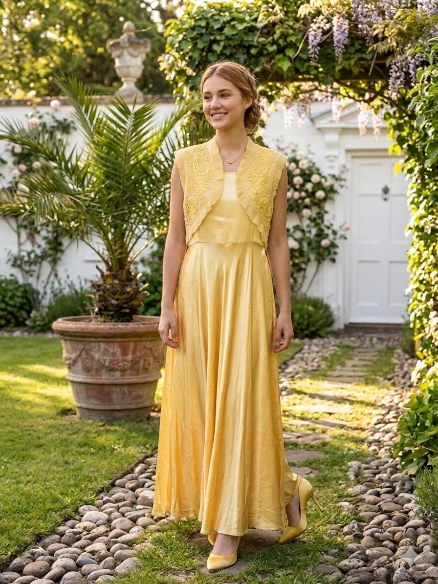 Vintage 1930s yellow Liquid Silk  Hand-Embroidered Charmeuse Bias Cut Gown slip dress