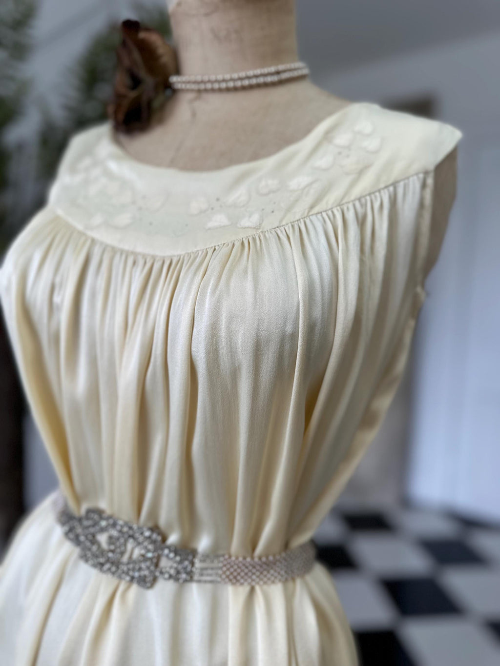 1940s boat neck  buttercup cream smock style silk slip with hand embroidery