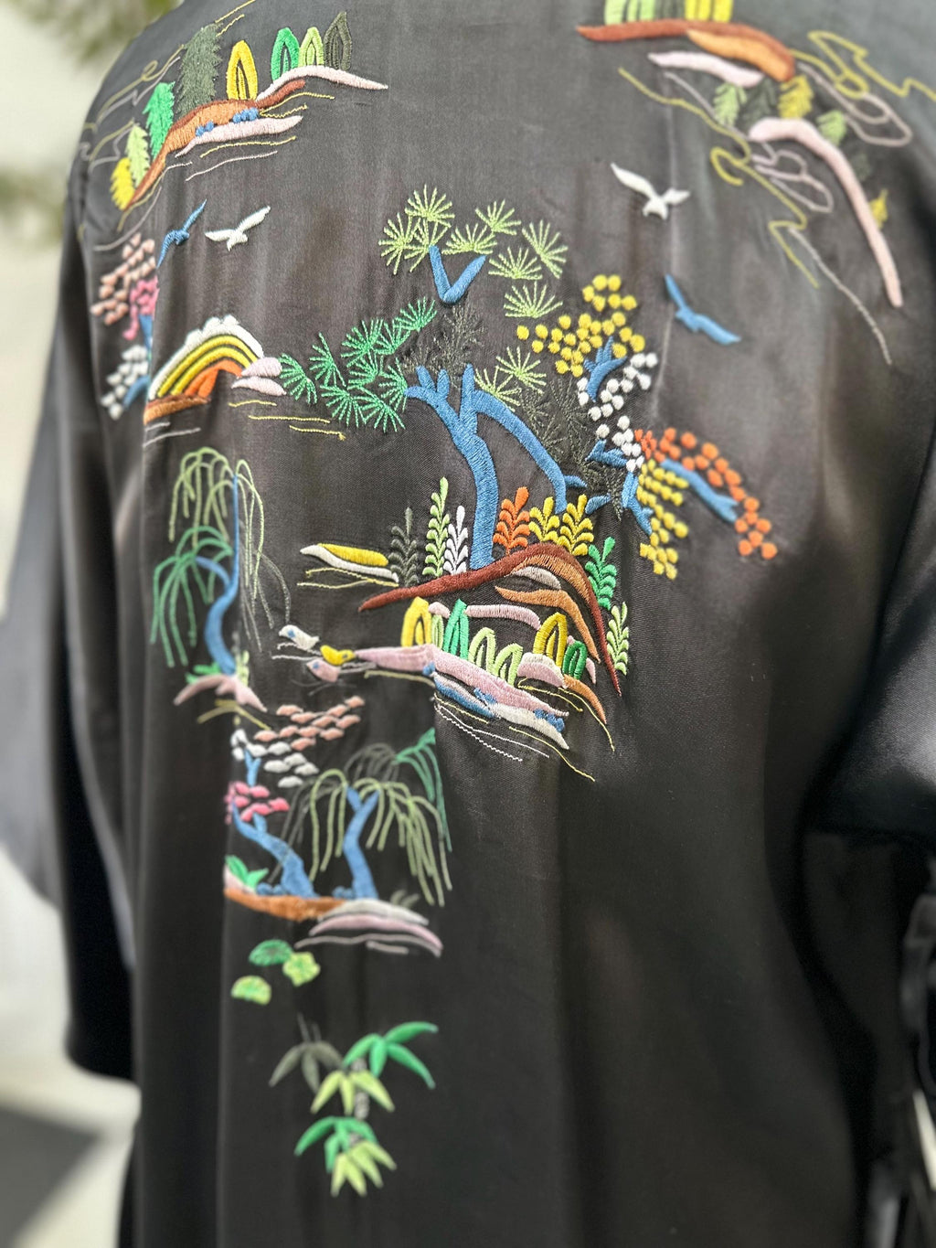 Vintage 1970 black satin embroidered kimono