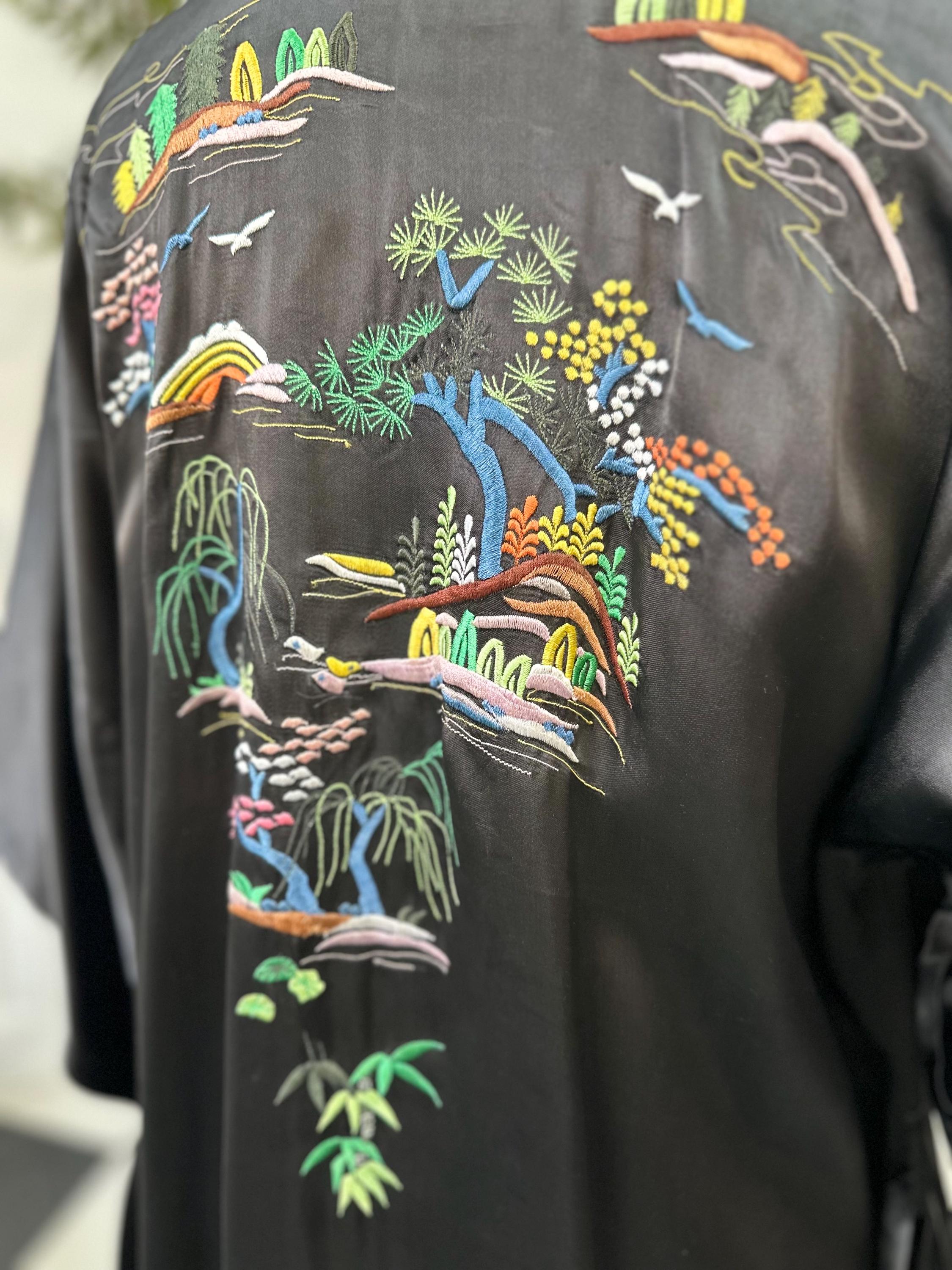 Vintage 1970 black satin embroidered kimono