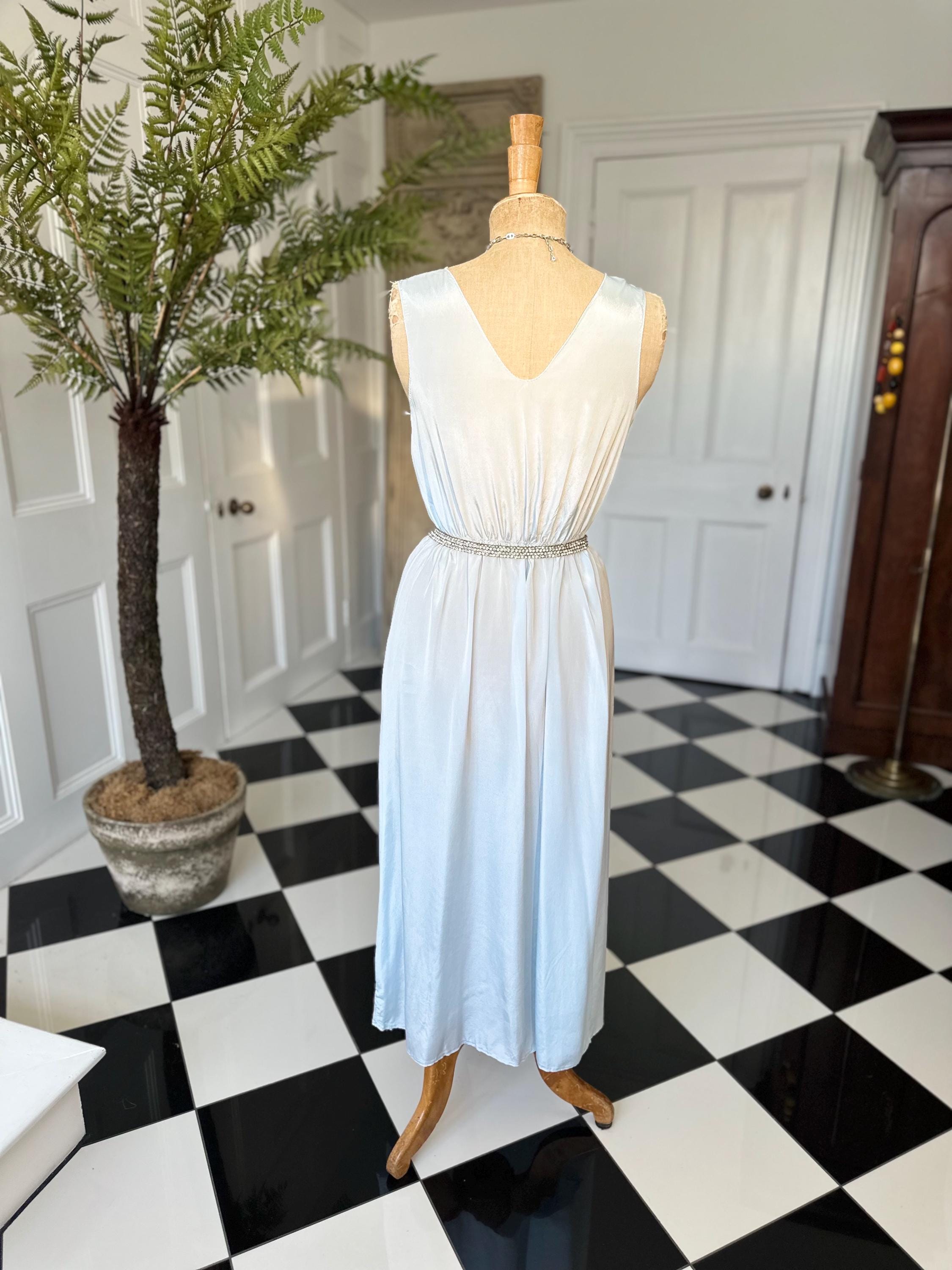 Sexy 1980s long slip dress in pale blue