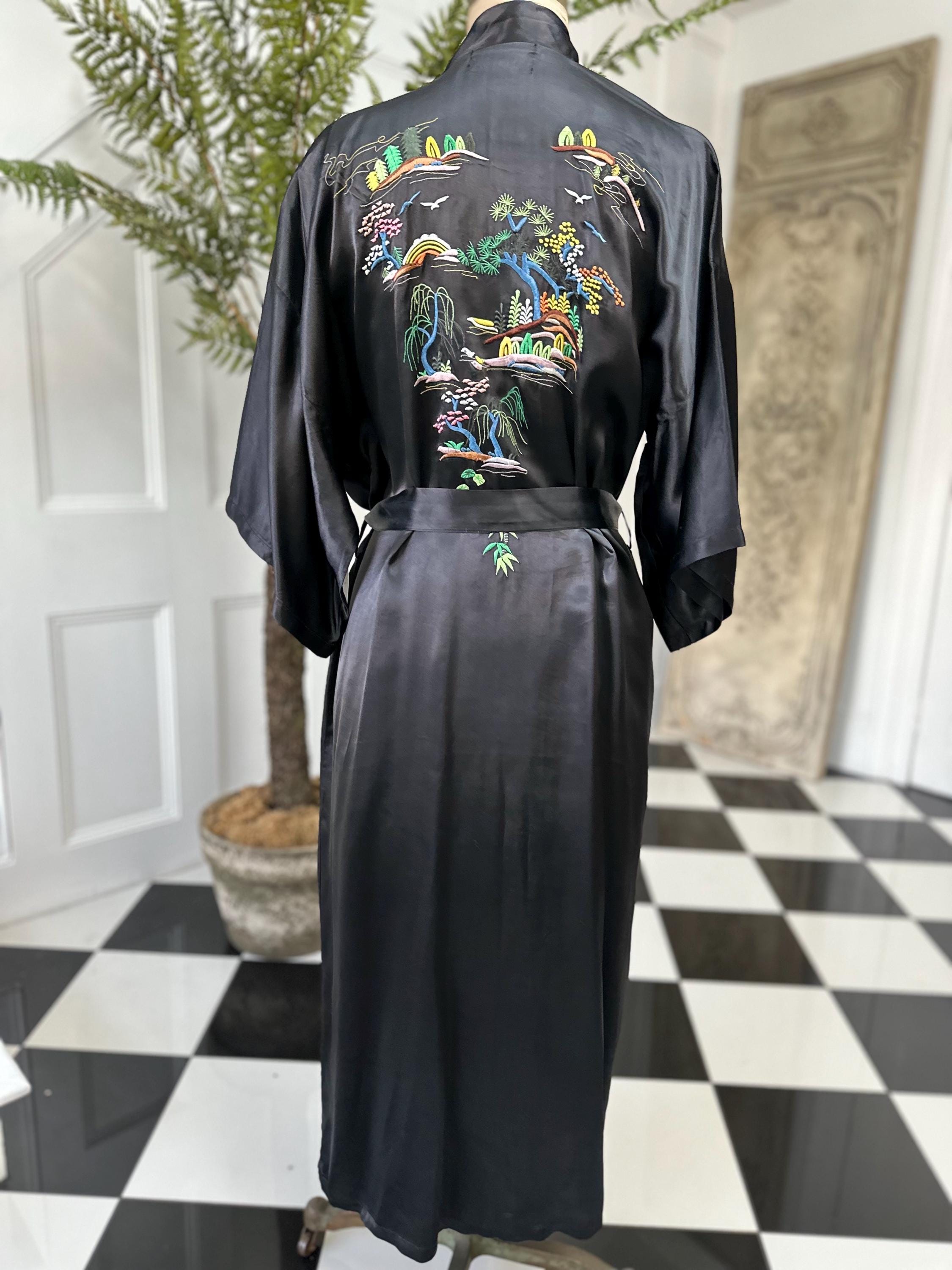 Vintage 1970 black satin embroidered kimono