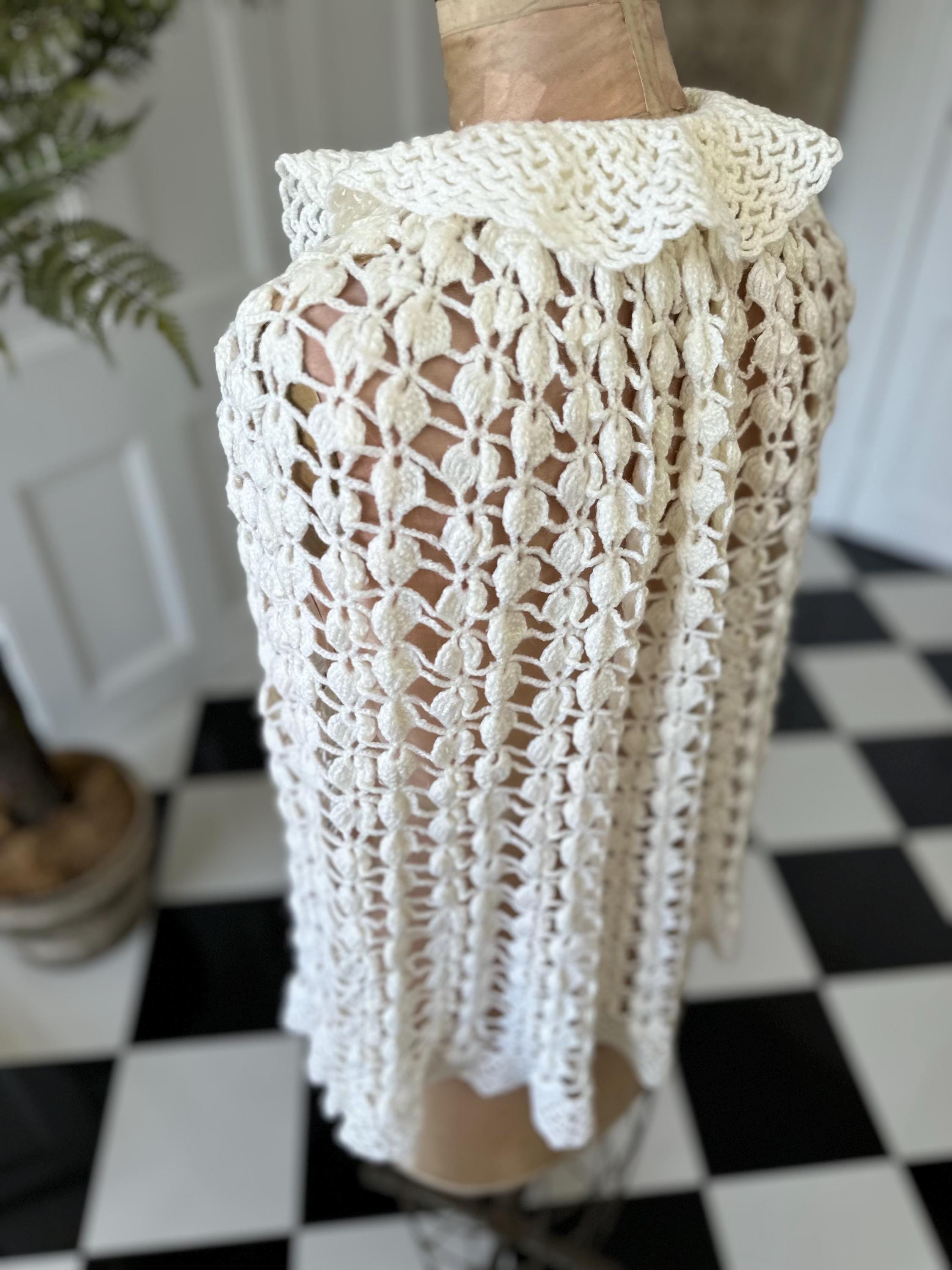 Vintage Off-White Hand Knitted Cape with Ruffle Neckline  and Pom Poms
