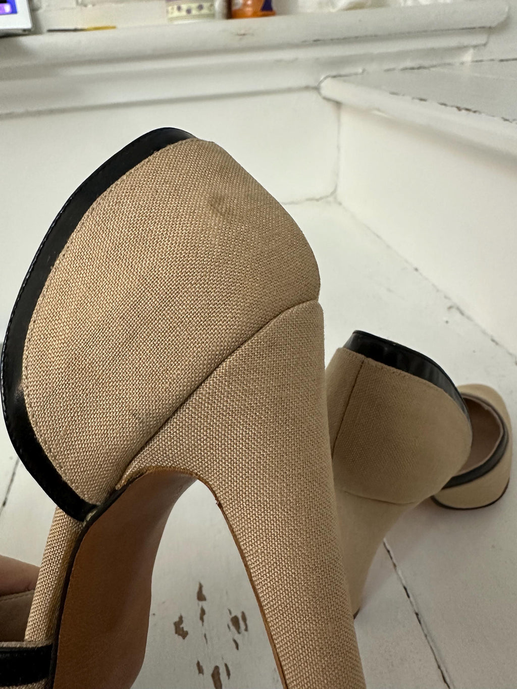 Rayne Cream Linen Heels with Black Leather Trim (UK 3.5 / US 6b)