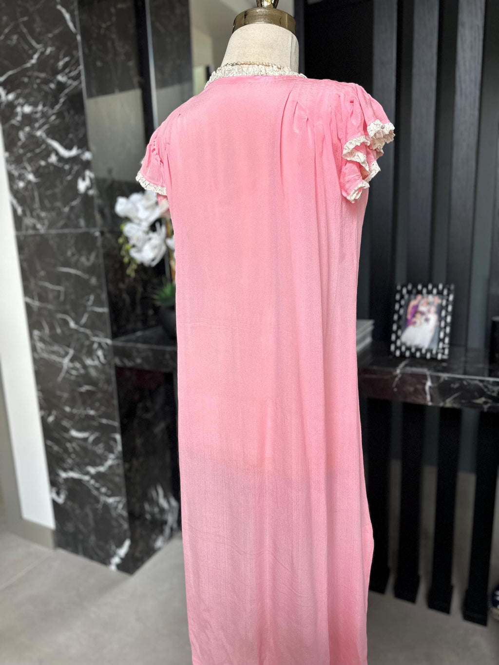 1930s Pink Silk Gown | Lace Ruffle Sleeve Slip, Antique Crepe Nightgown