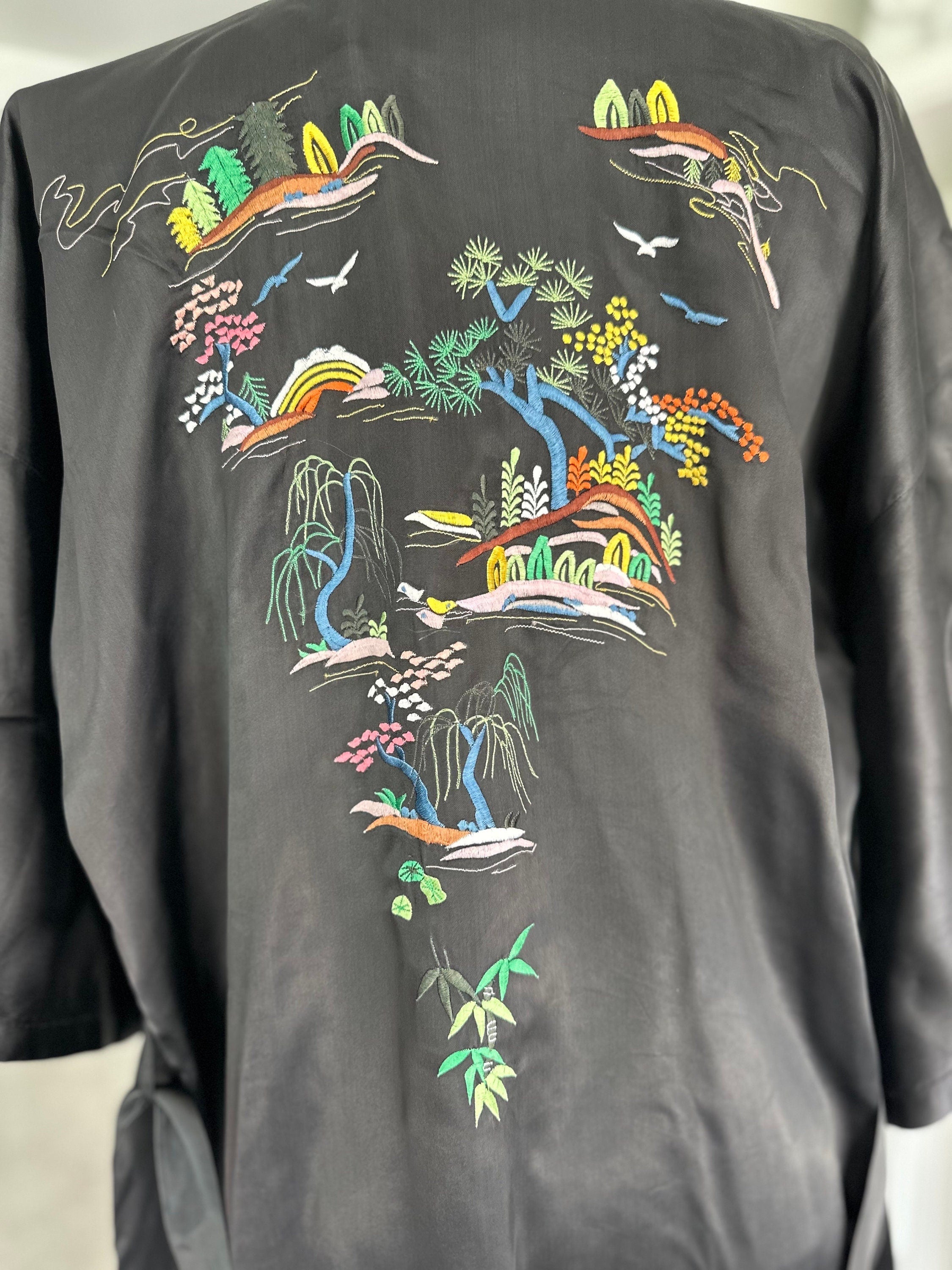 Vintage 1970 black satin embroidered kimono