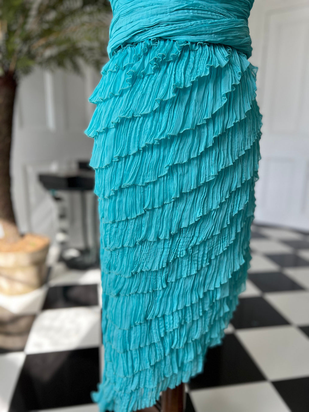 Sexy one sleeve off the shoulder ruched turquoise Cocktail dress by Pronovias