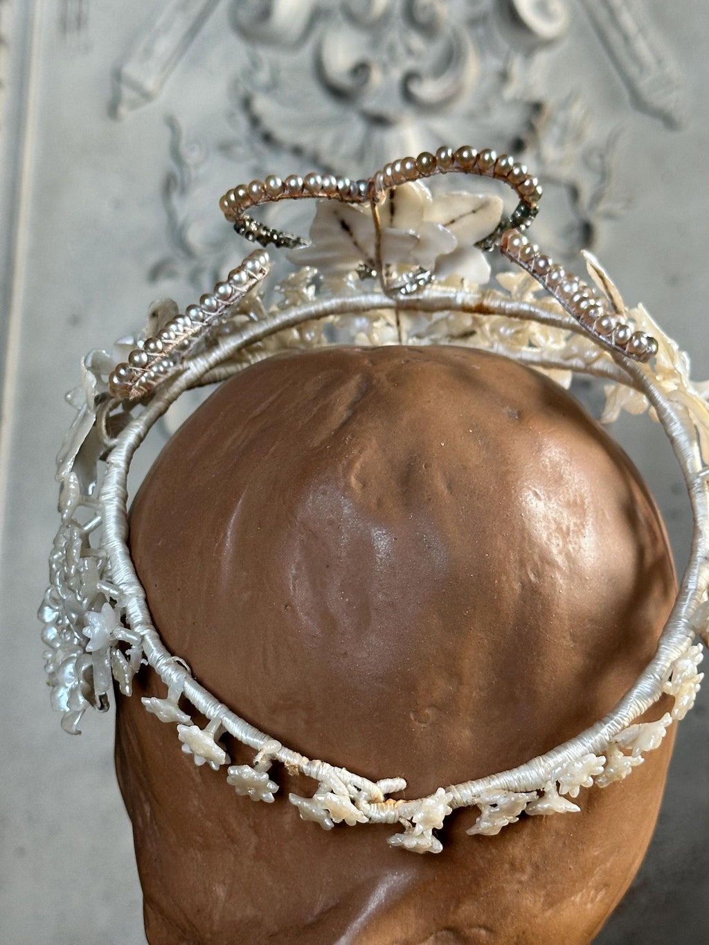 Vintage Floral Wax Tiara with Heart Accents 1930s 40s