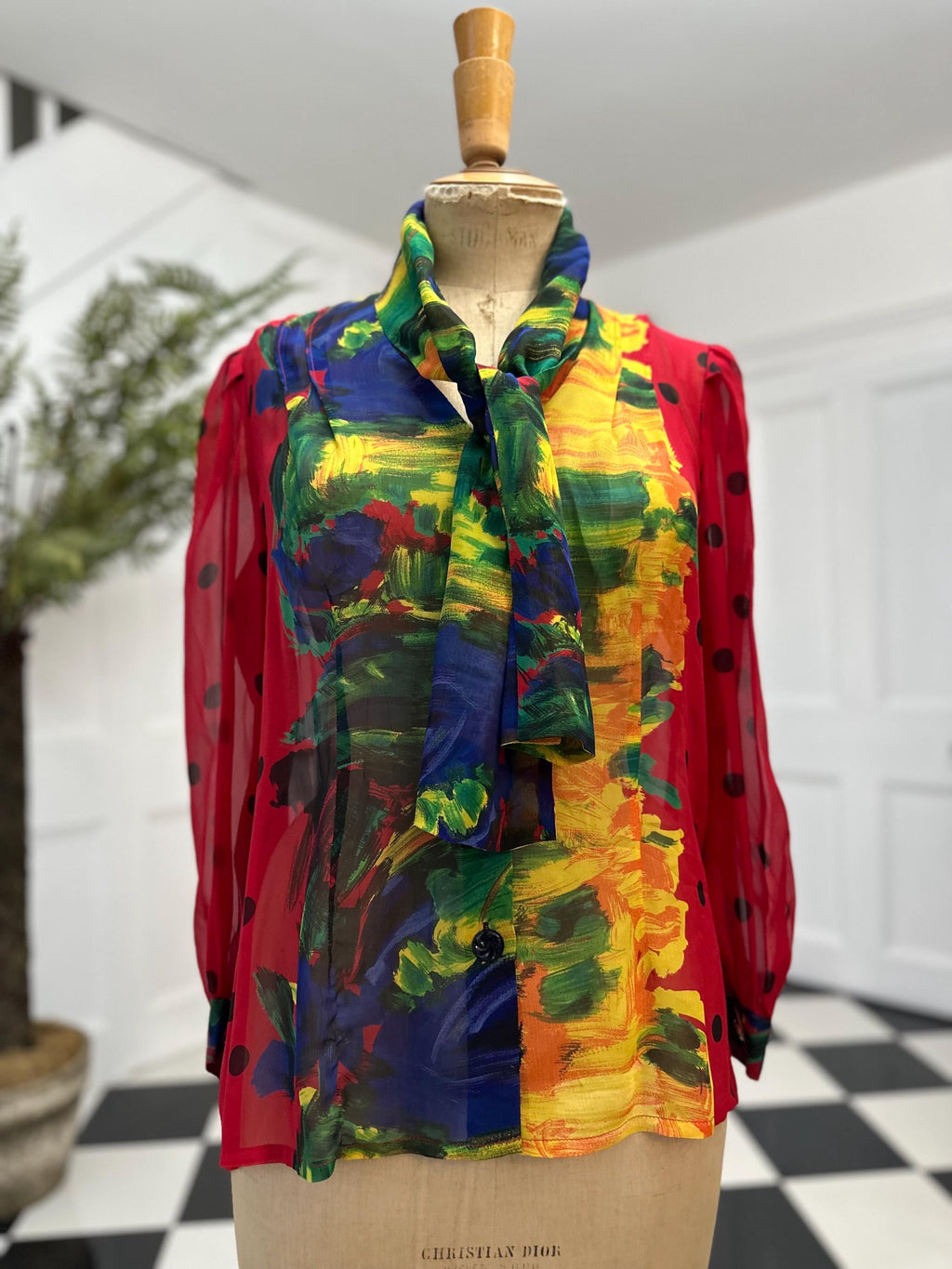 1980s Silk Crepe Blouse: Red Polka Dot Long Sleeve with Pussy Bow