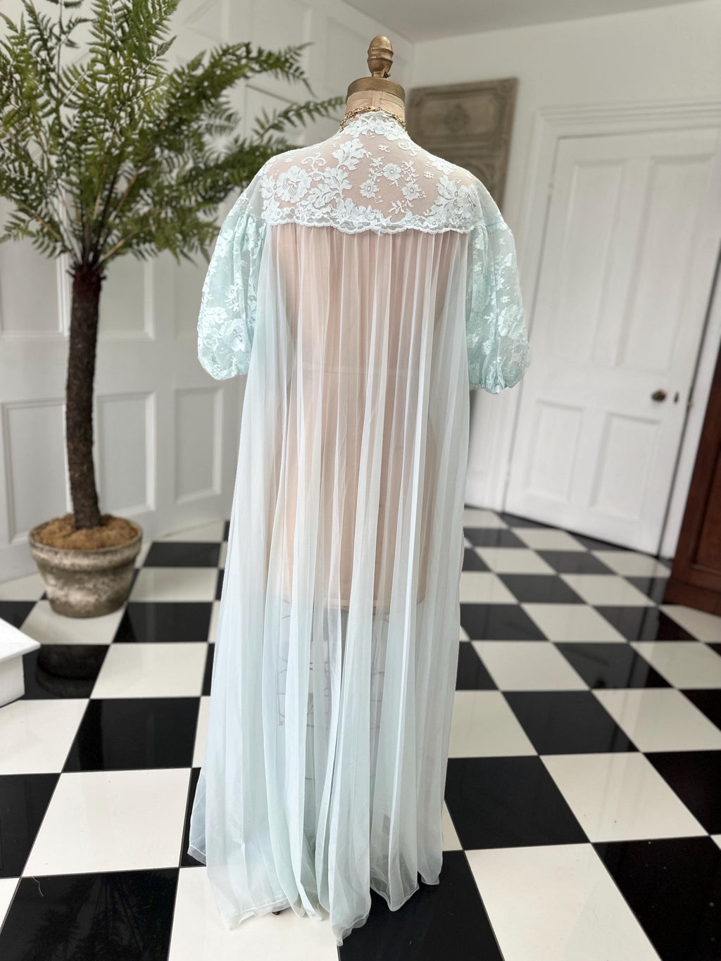 1970s Pale Blue Sheer Peignoir with Pleated Skirt and Lace Top