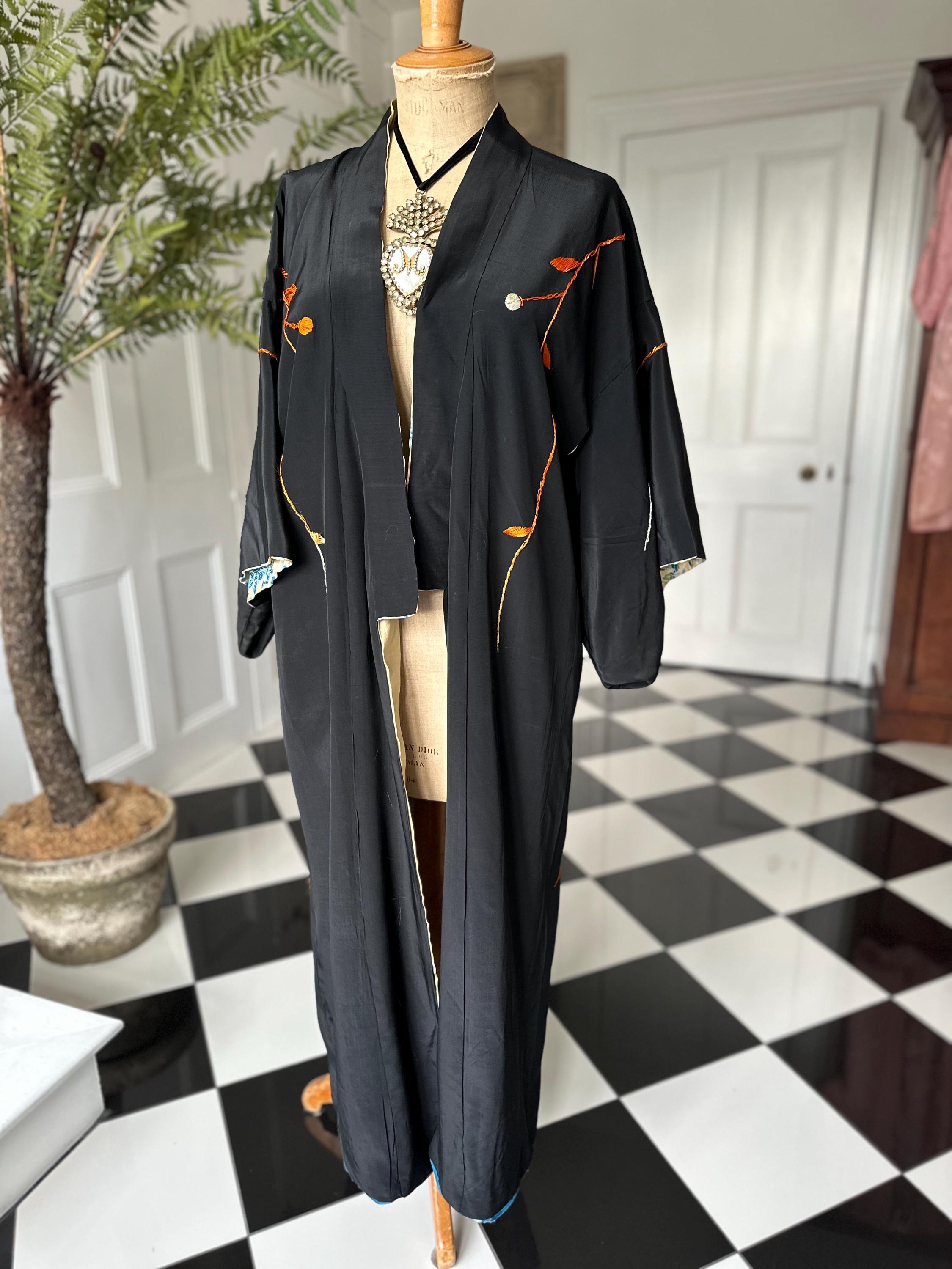 Antique 1920s reversible Japanese  hand embroidery kimono