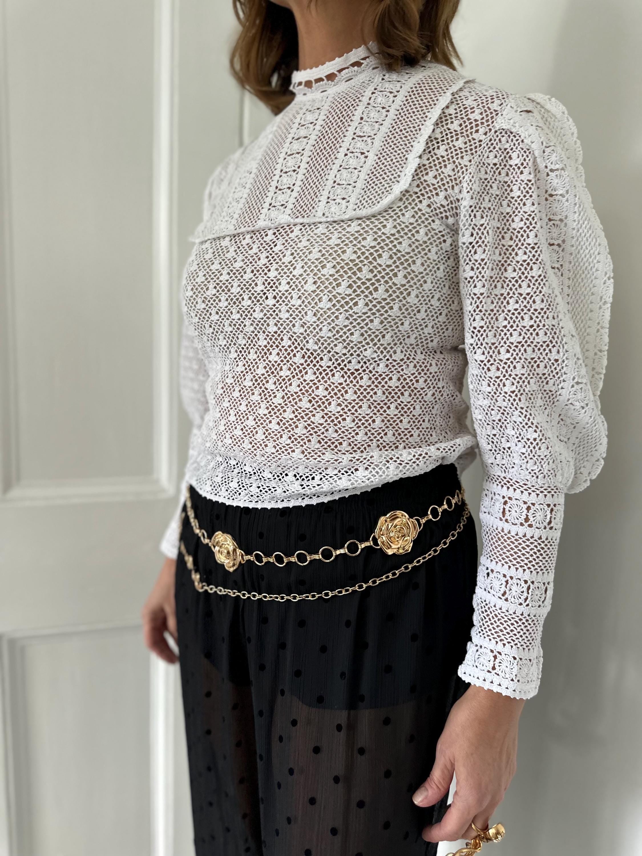 Vintage 1970s hand crochet white  Victorian style mutton sleeve blouse