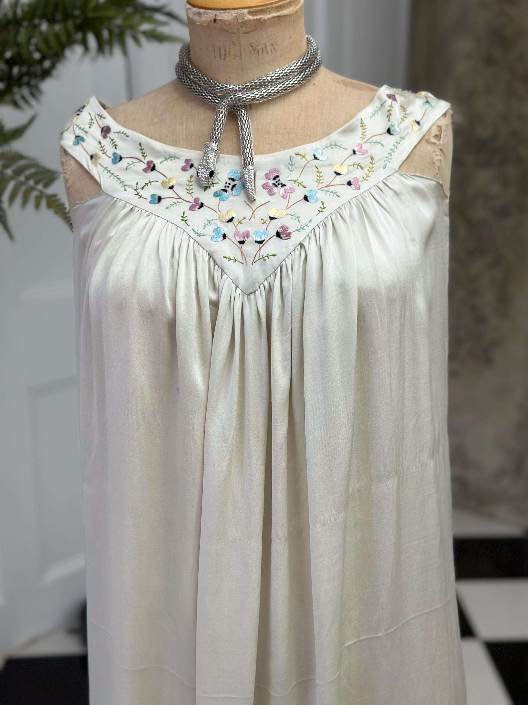 Vintage 1940s Grey Silk Slip Dress with Hand-Embroidered Details