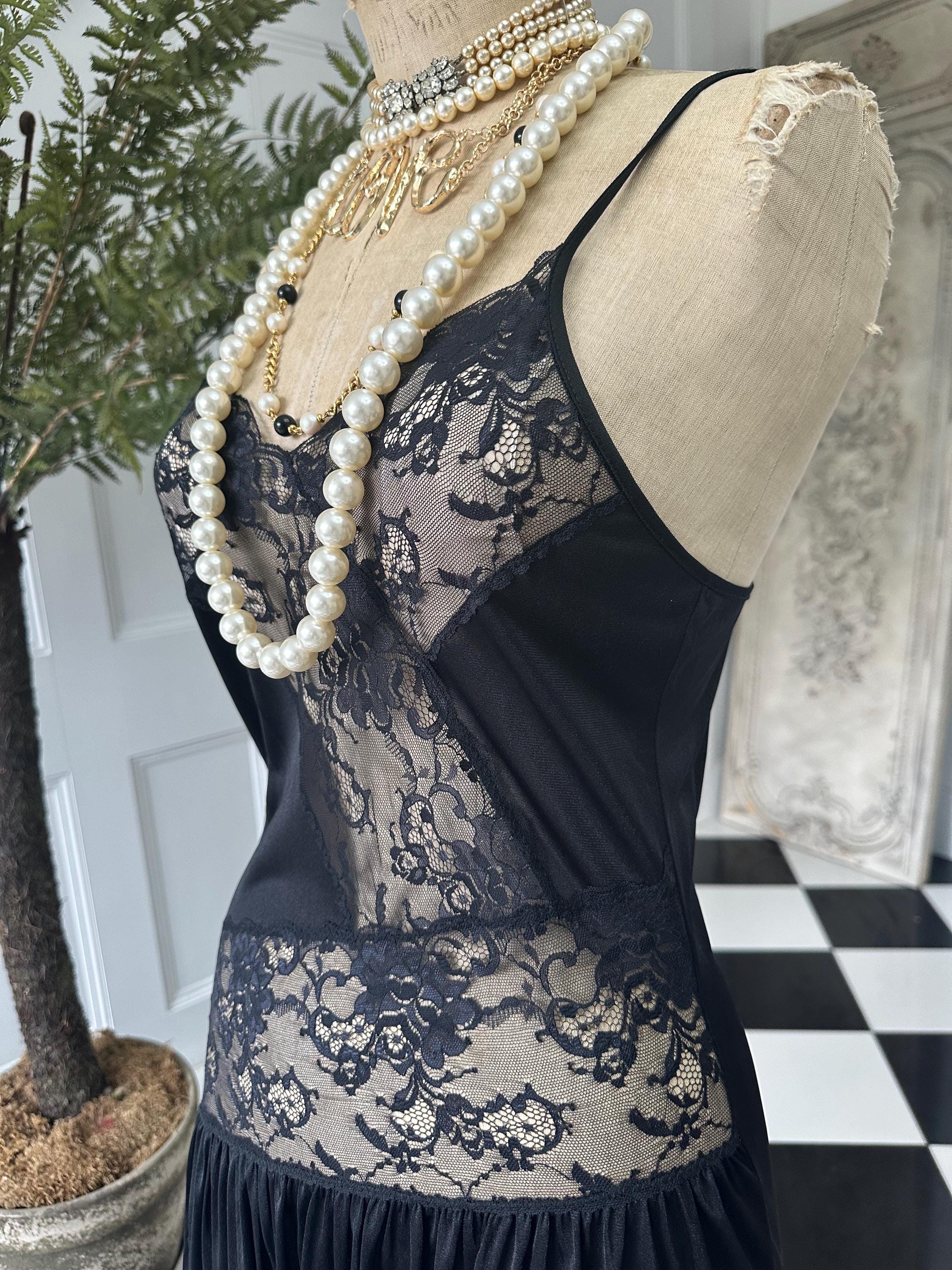Vintage 1950 black lace slip dress lingerie
