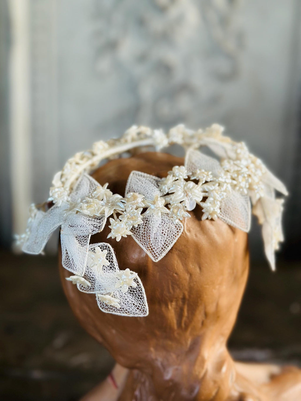 Antique 1940s  Floral Wax Tiara with tulle