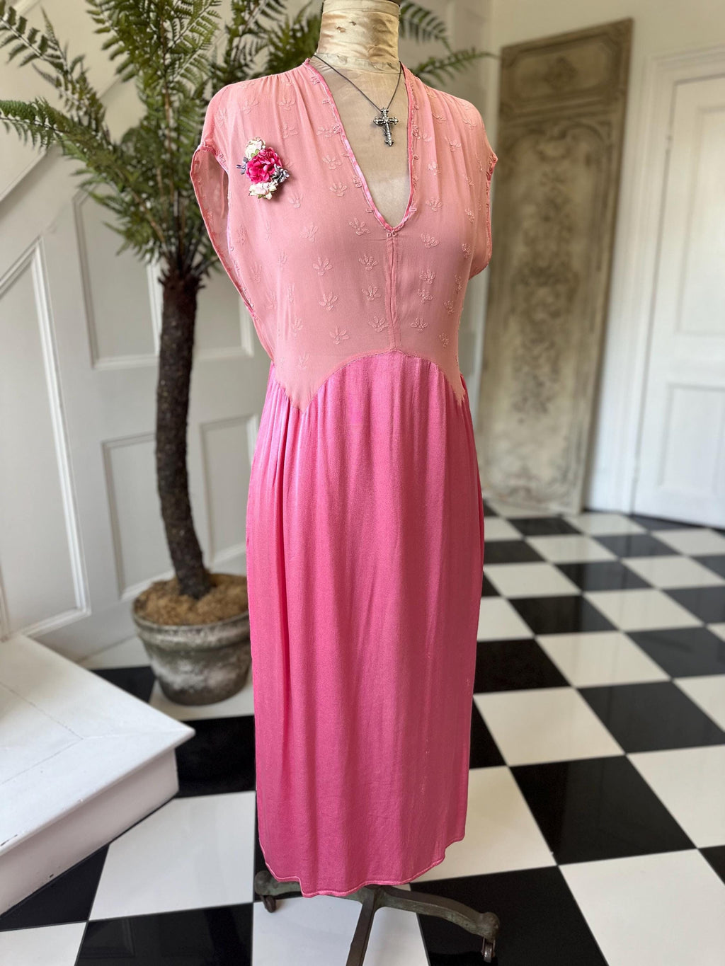 1940s silk satin and chiffon hot pink hand embroidered slip dress