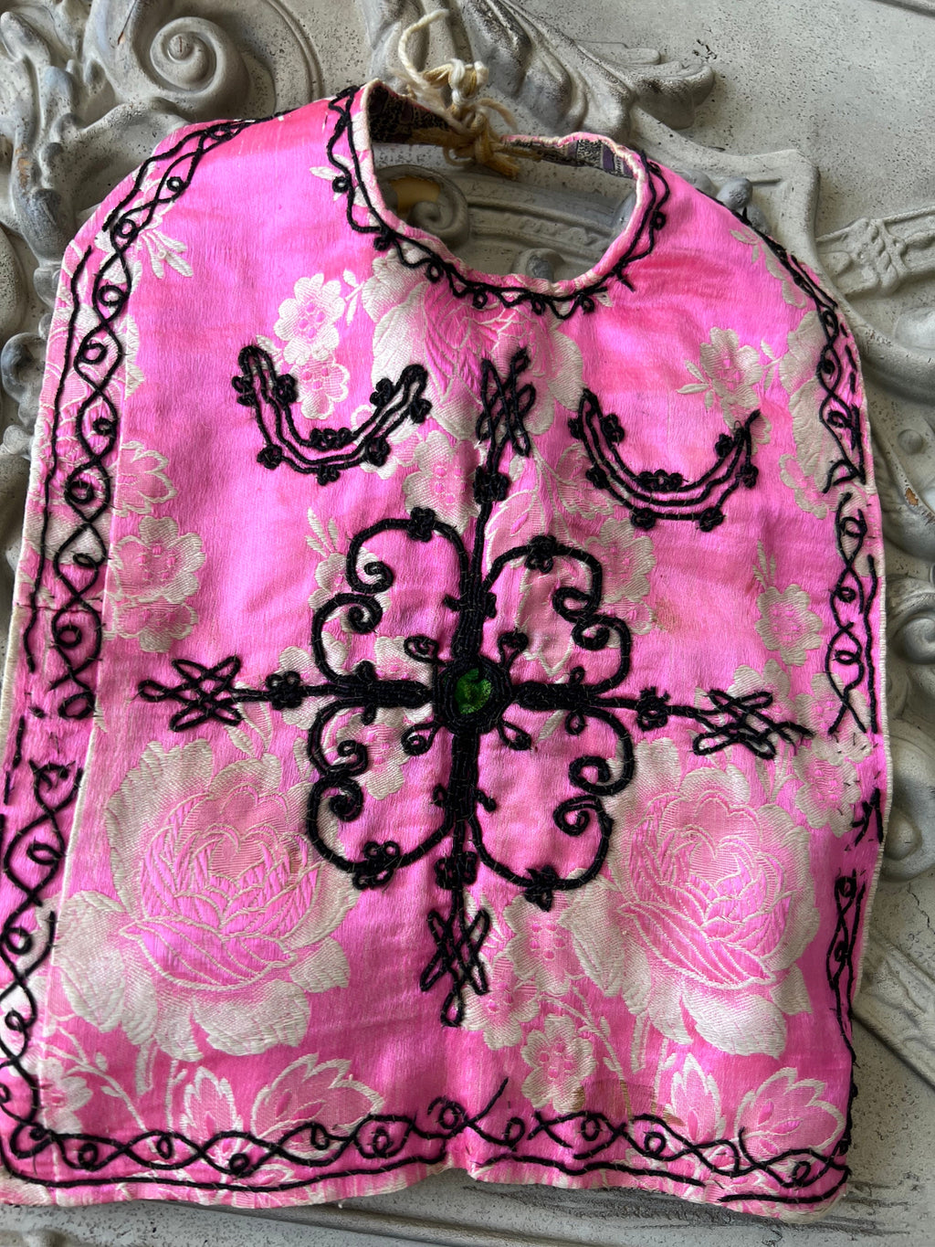 Antique Ottoman pink silk baby bib with embroidery
