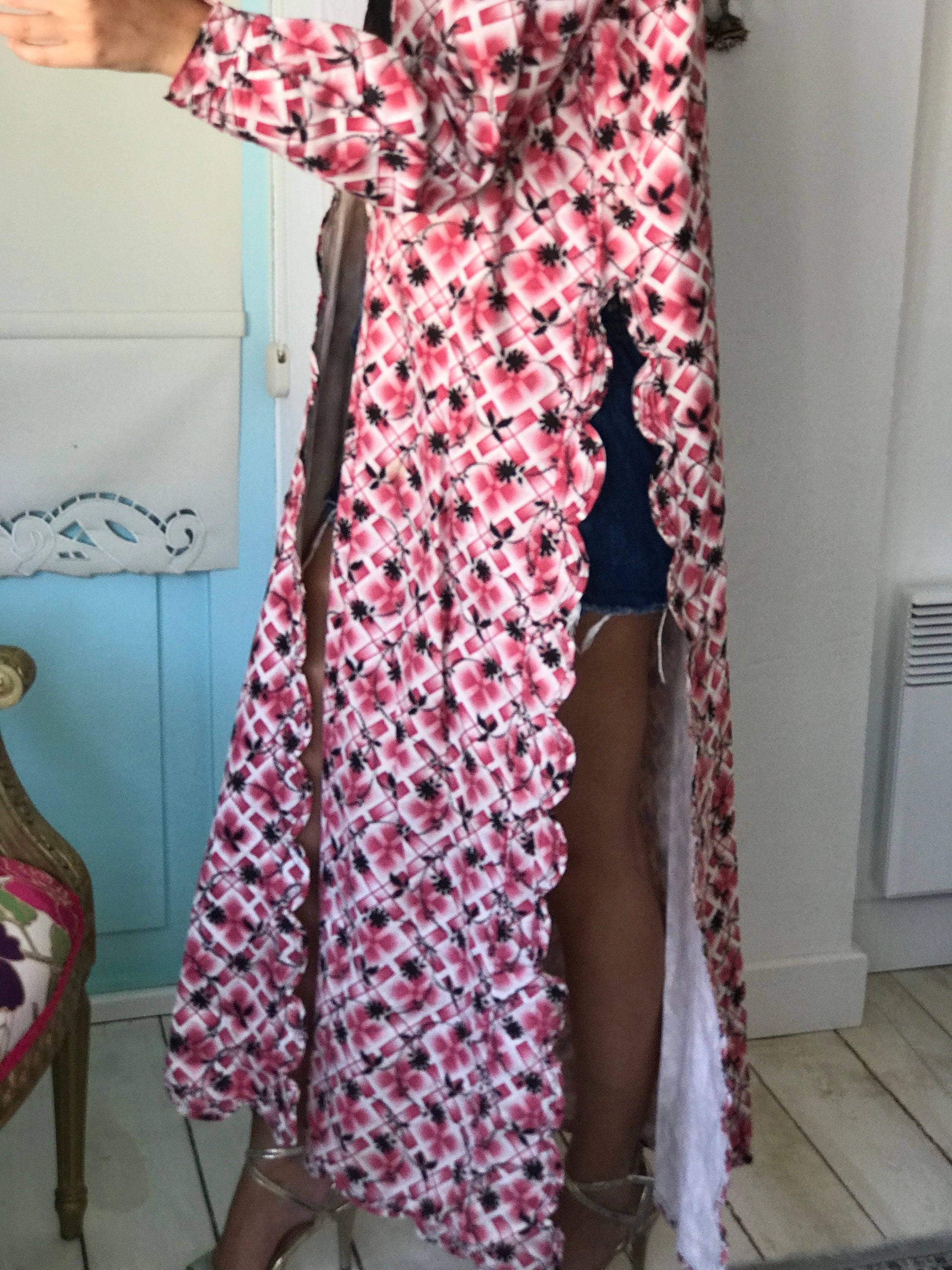 1920s Floral Cotton Kimono Robe: Turkish Style Long Coat