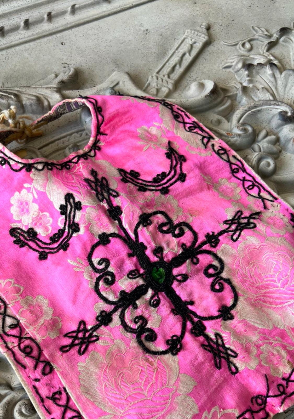 Antique Ottoman pink silk baby bib with embroidery