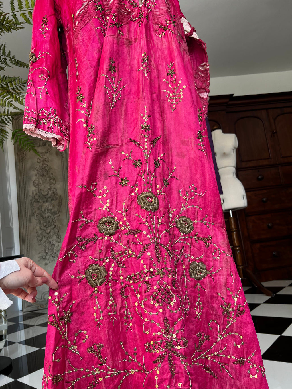 Antique Ottoman Silk Bindalli Dress: Hot Pink Zardozi Embroidery