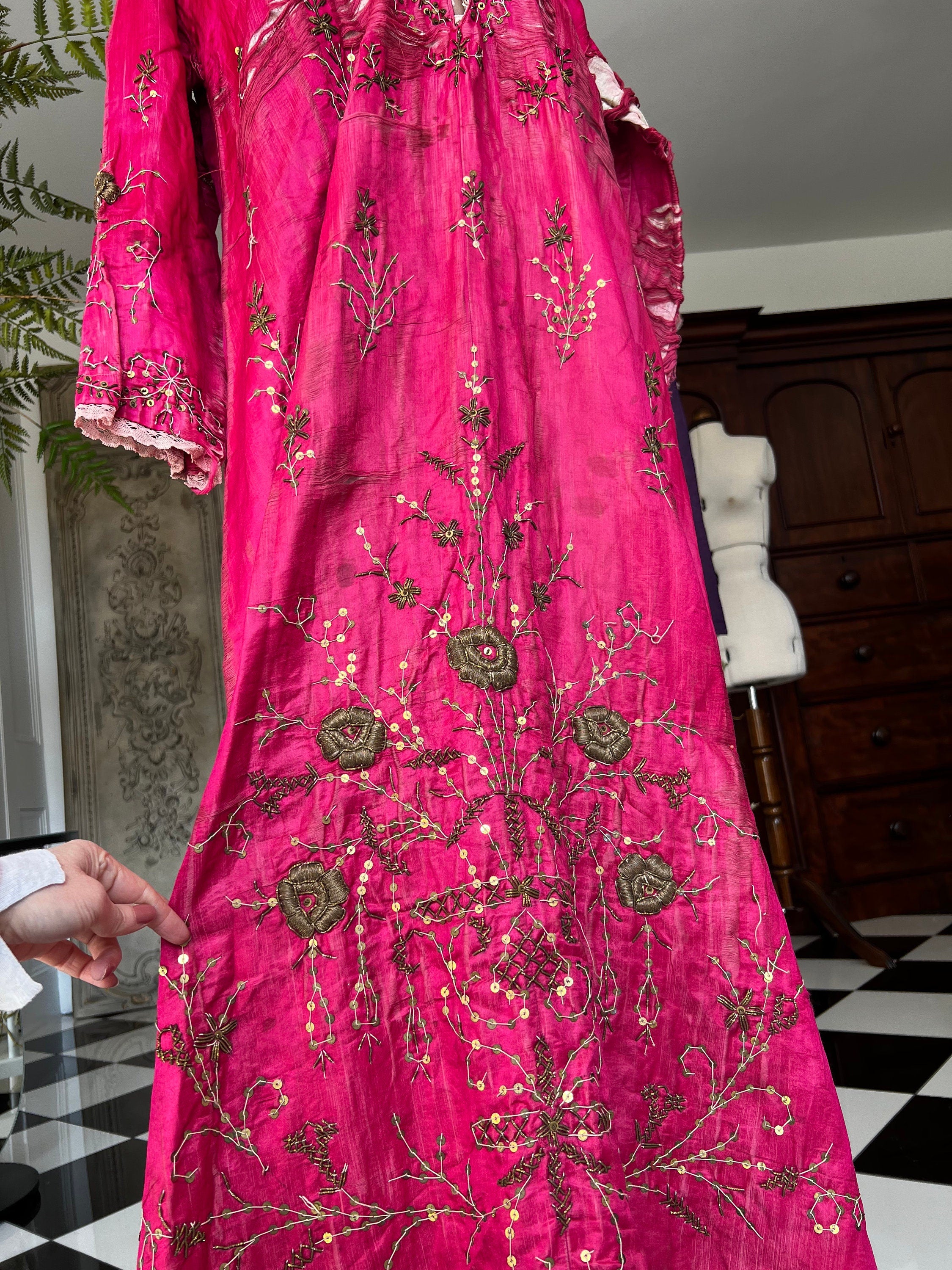 Antique Ottoman Silk Bindalli Dress: Hot Pink Zardozi Embroidery