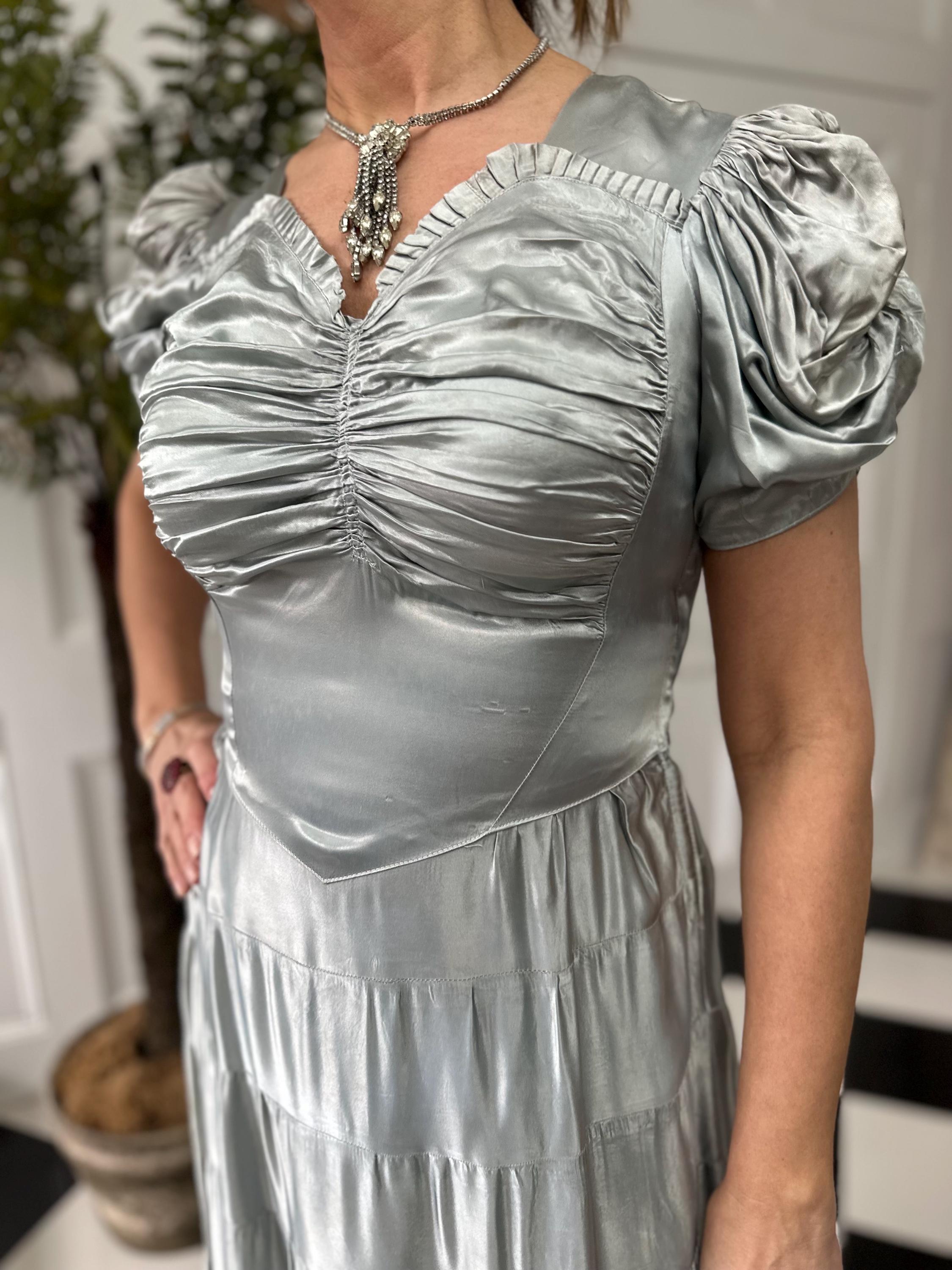 1930s long satin grey evening gown dress