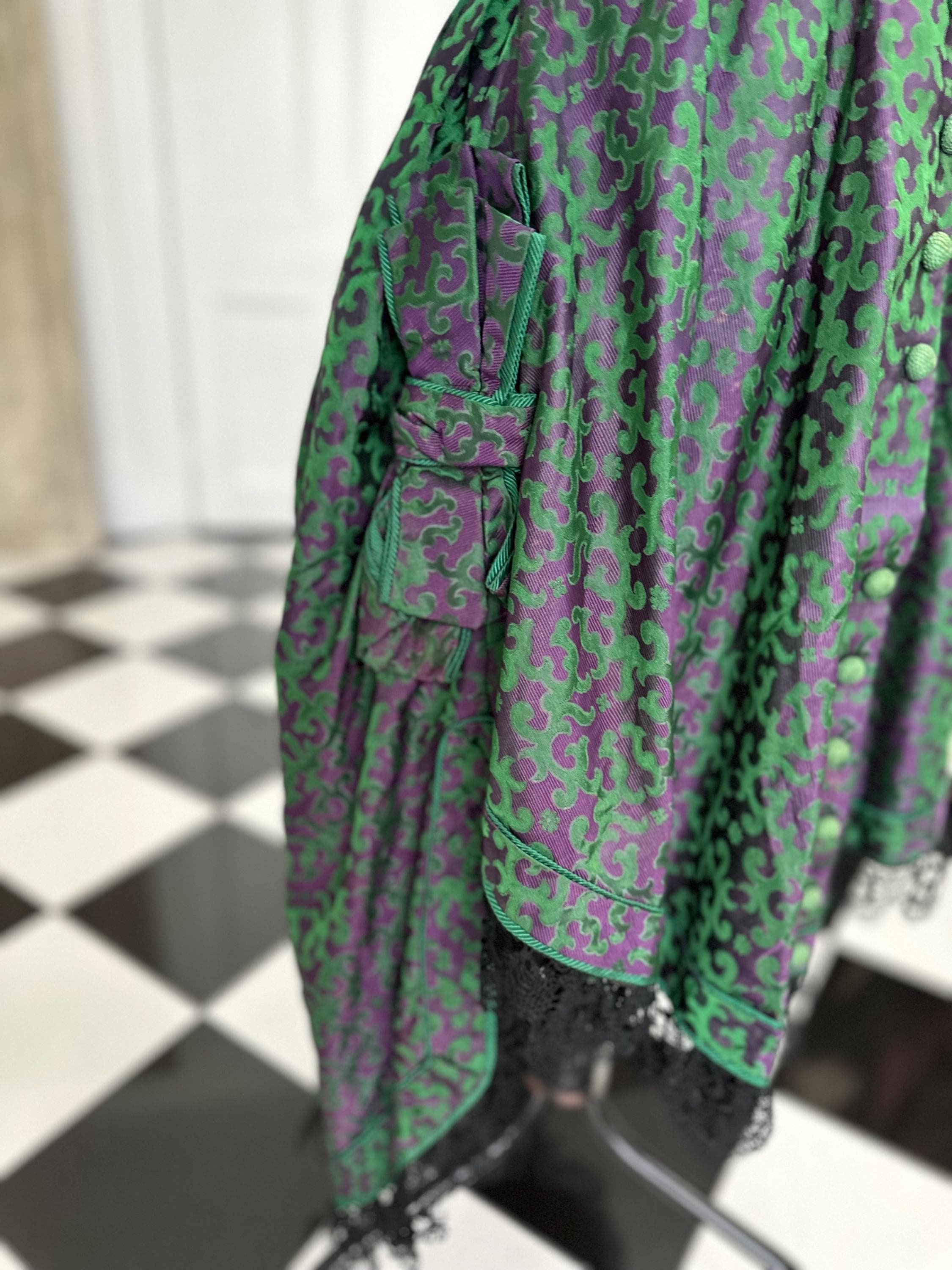 Victorian coat Long Back Short Front with Bobbin Lace Trimming and Bows
