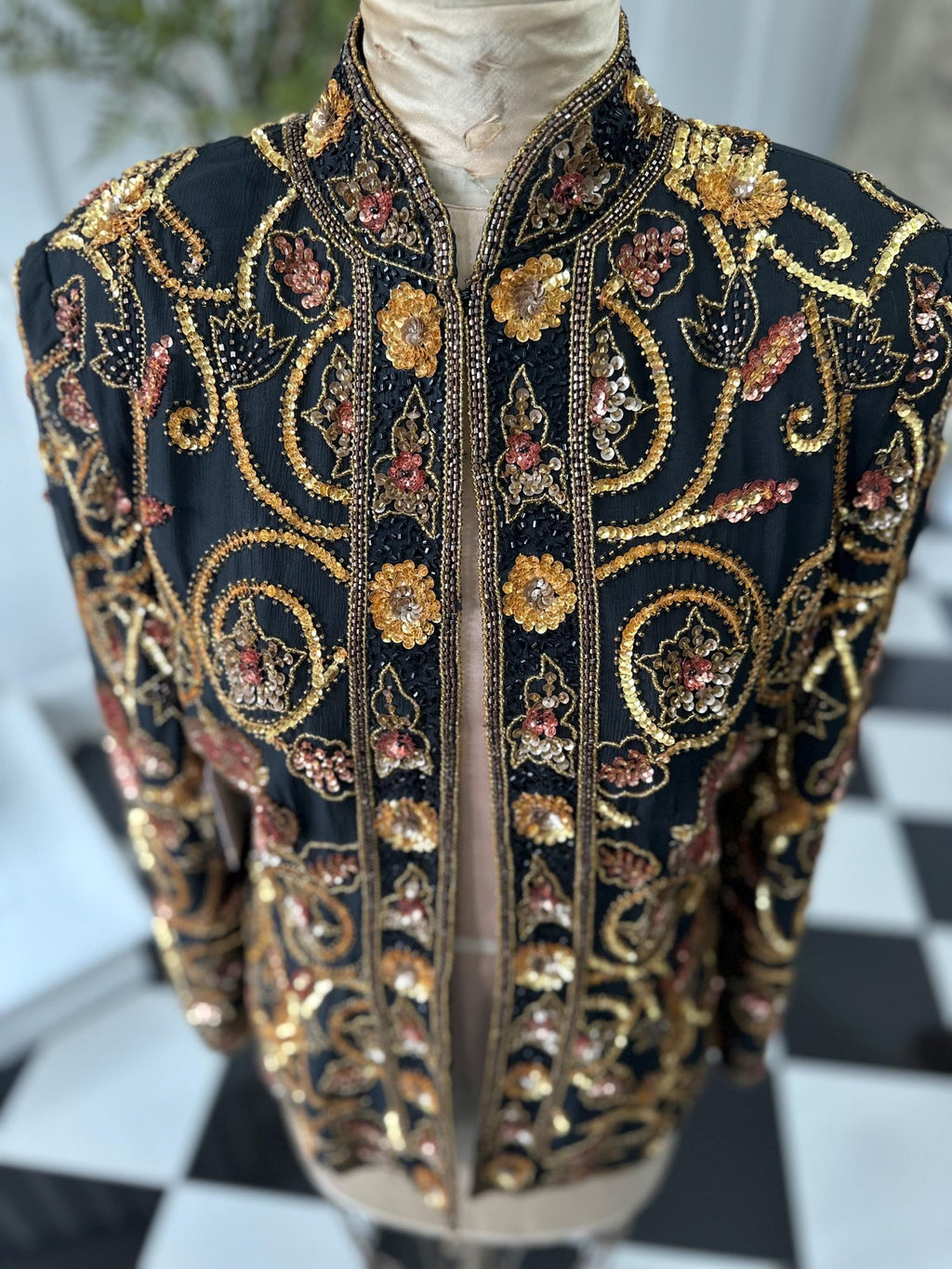 1990s Silk with bronze and gold  sequin long sleeve jacket