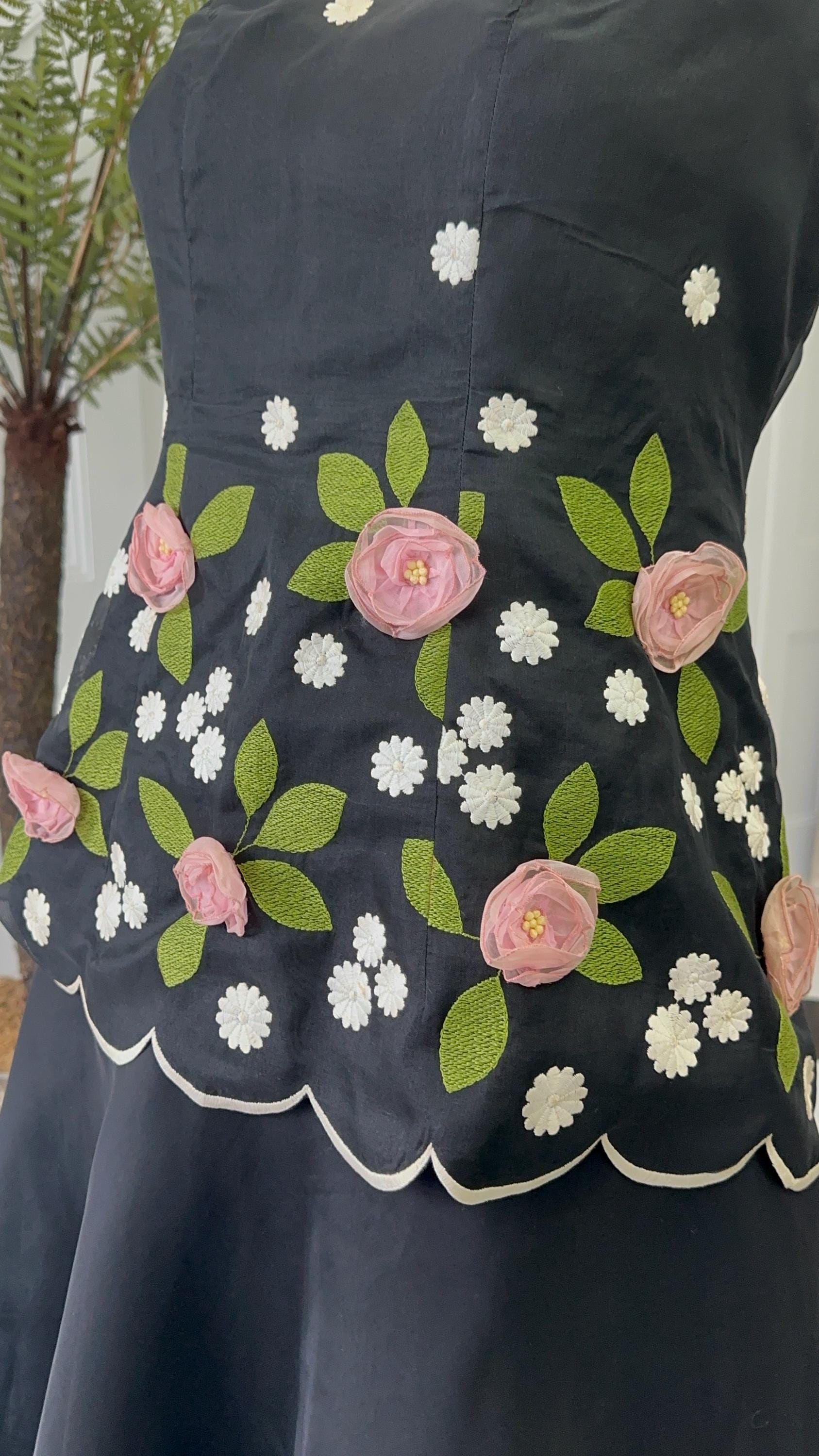 Vintage 1950s silk organdie 2 piece set 3D floral blouse with tiered skirt