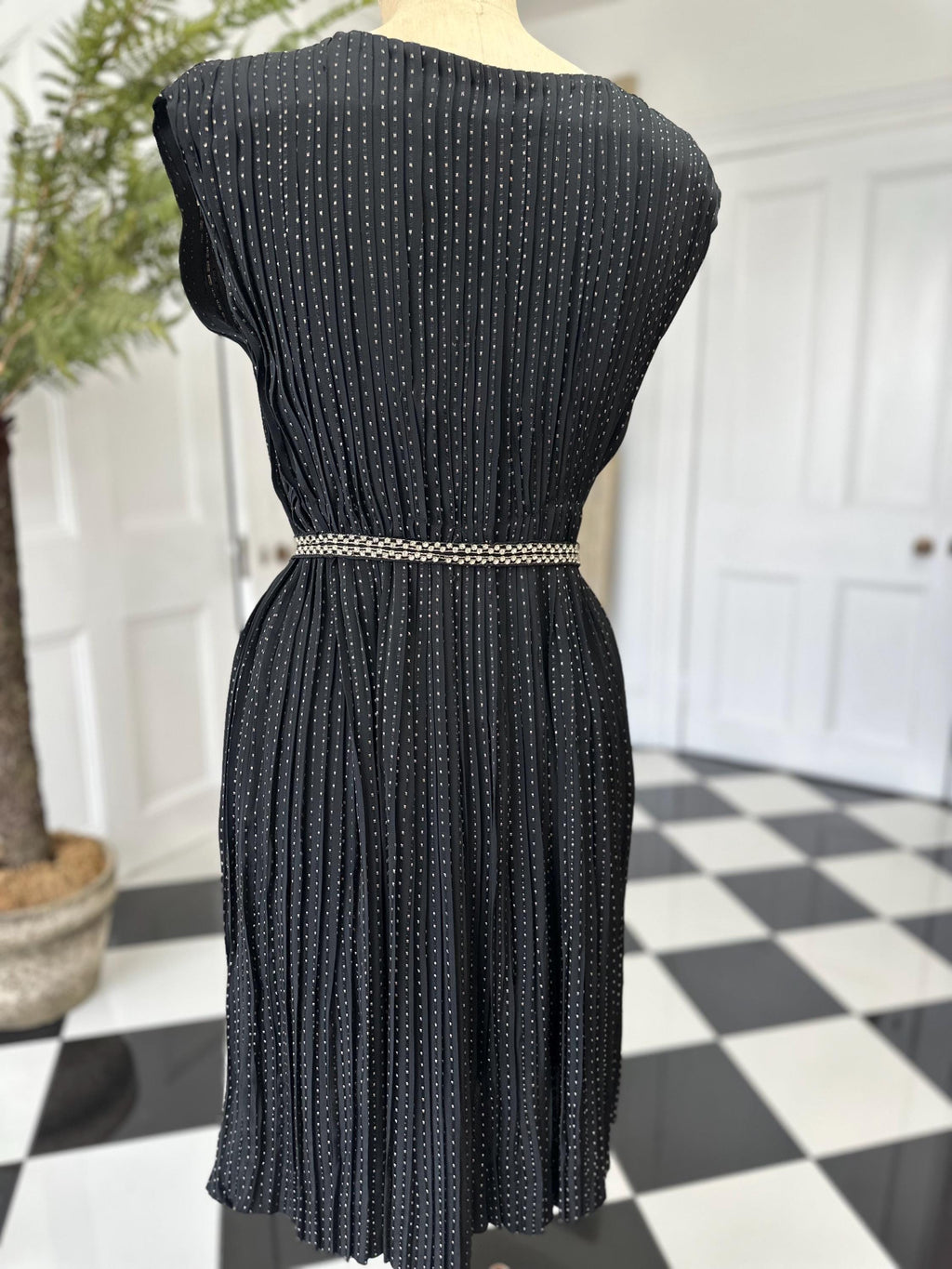 1940s Black with gold thread accordion pleat dress