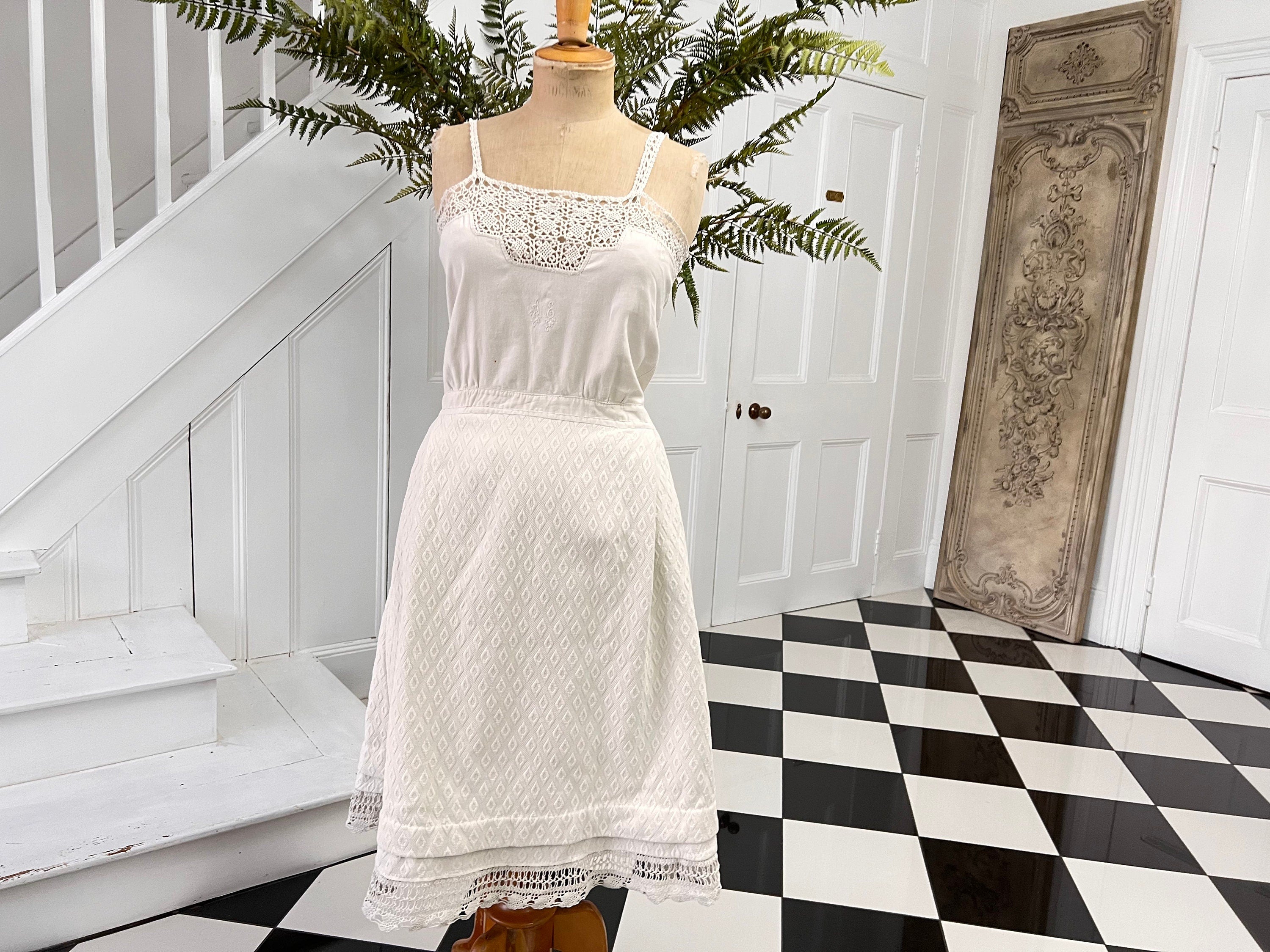 Antique 1800s underdress garment with crochet and quilted skirt monogram AE
