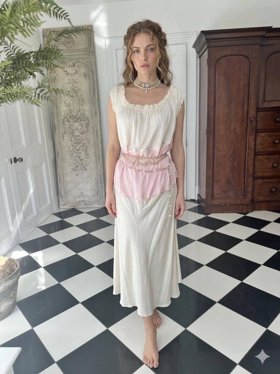 1930s Two-Tone Silk Gown: Pink, Cream, Hand-Embroidered, Scalloped Maxi Dress
