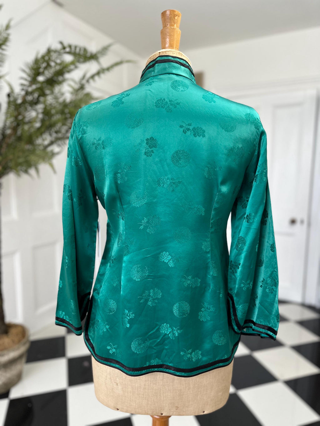 Chinese Emerald green rayon blouse label Silver Lake