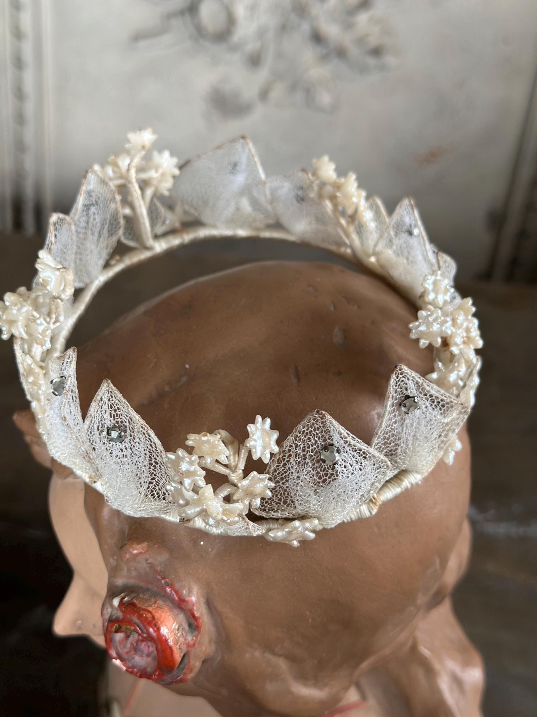 Antique 1940s  Floral Wax Tiara with tulle