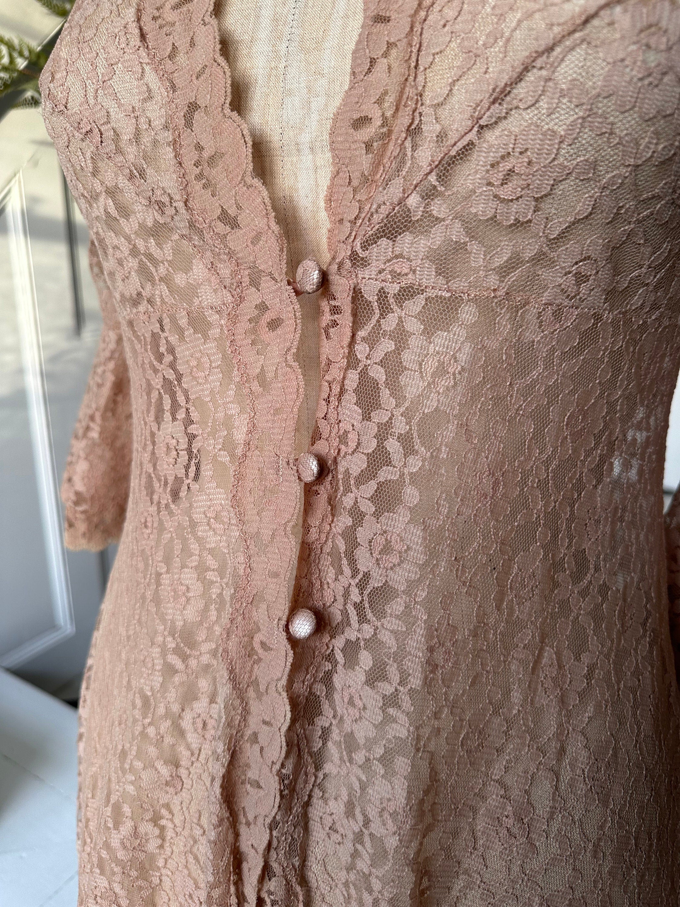 1970s Beige sheer lace peignoir robe with bell sleeves