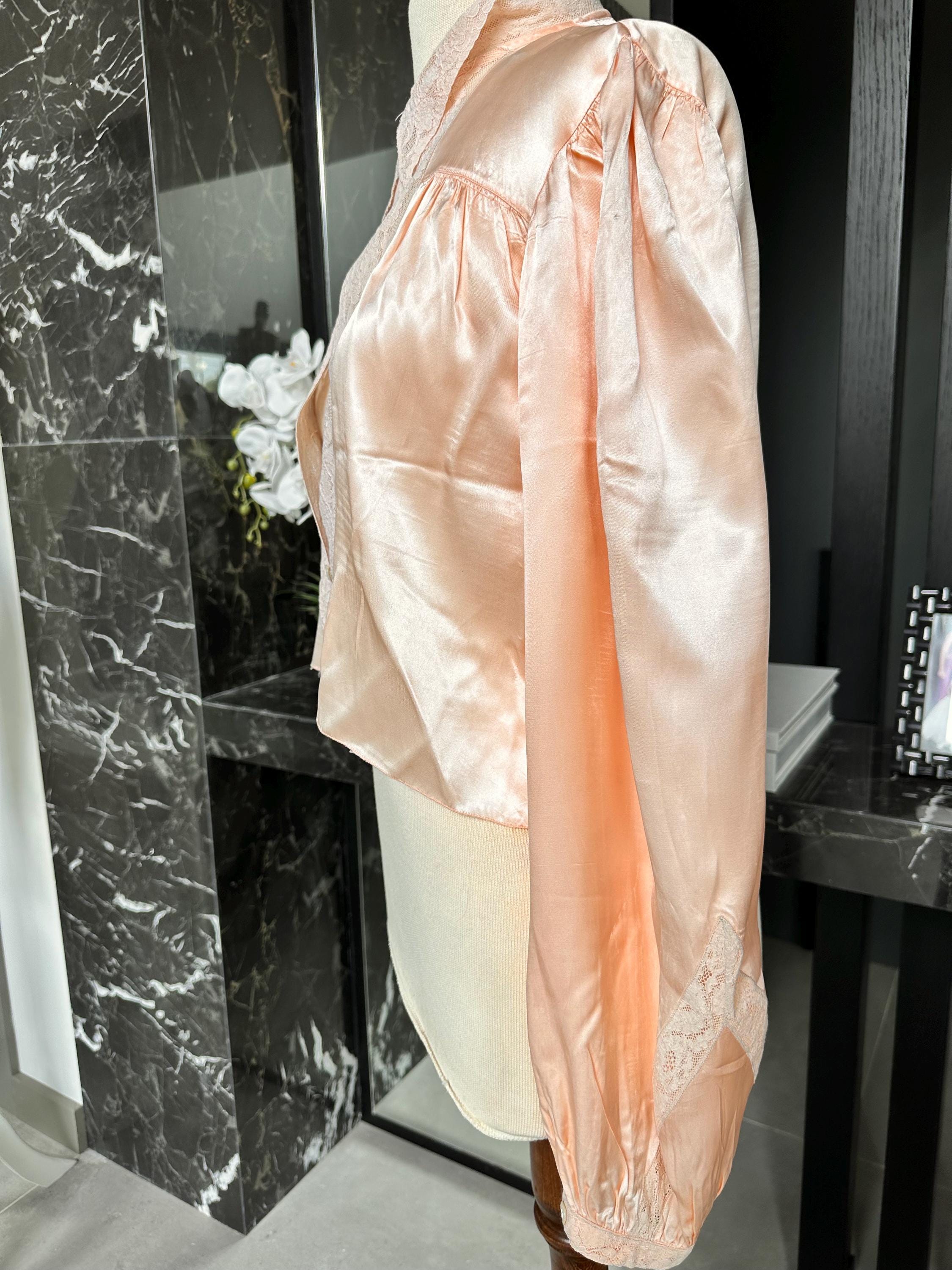 Antique 1930s Peach Silk Satin Bed Jacket – Authentic with Lace Trim Boler