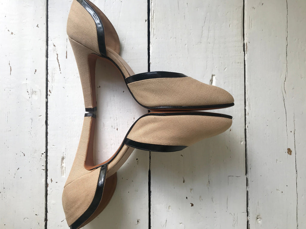 Rayne Cream Linen Heels with Black Leather Trim (UK 3.5 / US 6b)