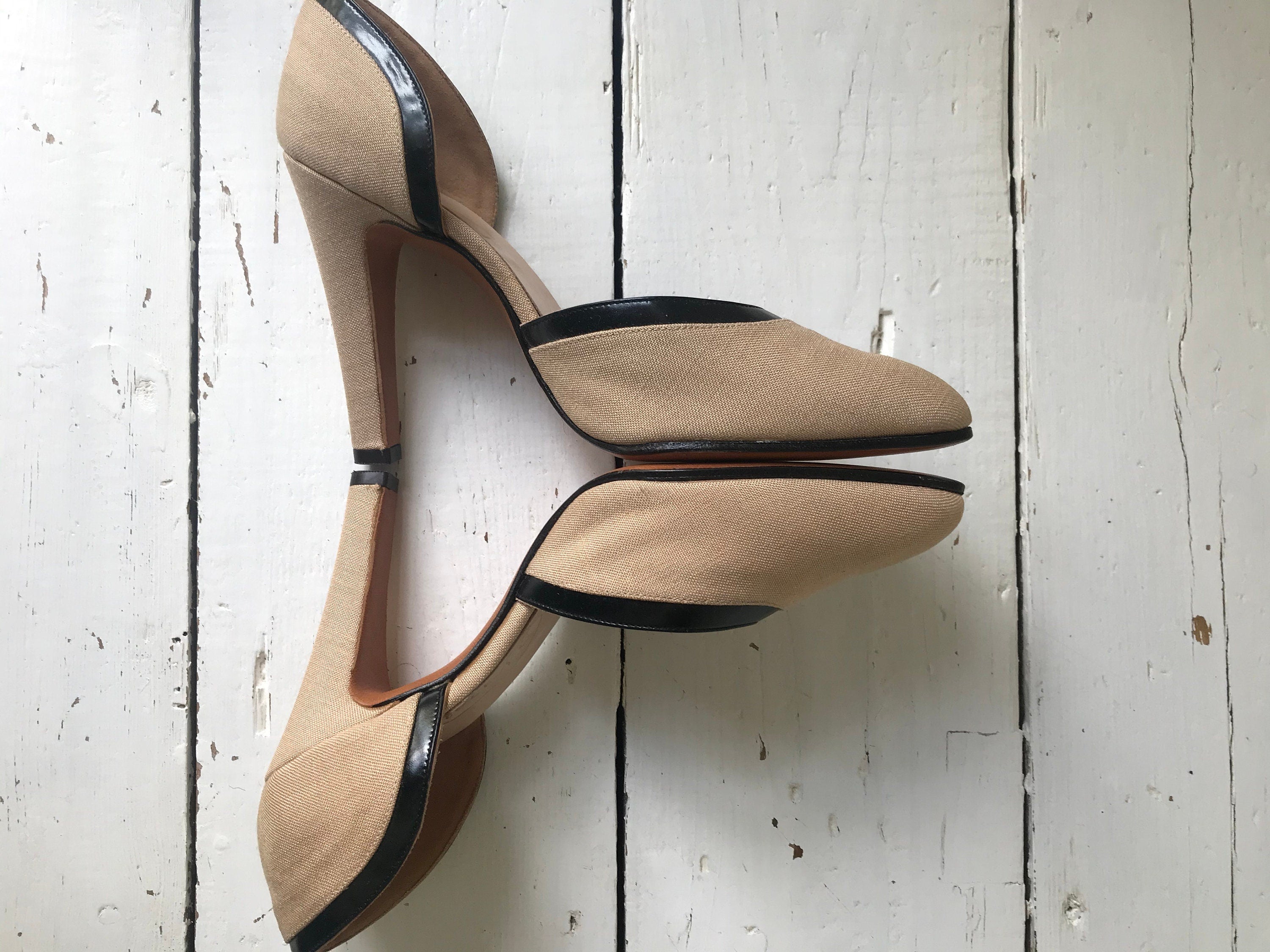 Rayne Cream Linen Heels with Black Leather Trim (UK 3.5 / US 6b)