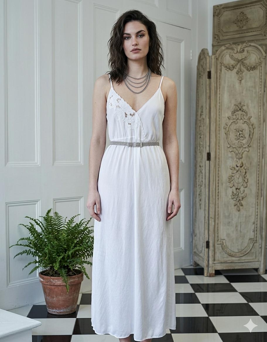 Vintage Long White Silk Slip with Lace Detailing