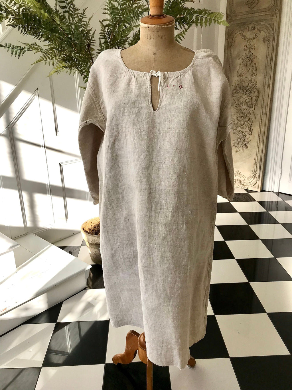 French 1800s hemp linen rustic farmers shirt smock dress