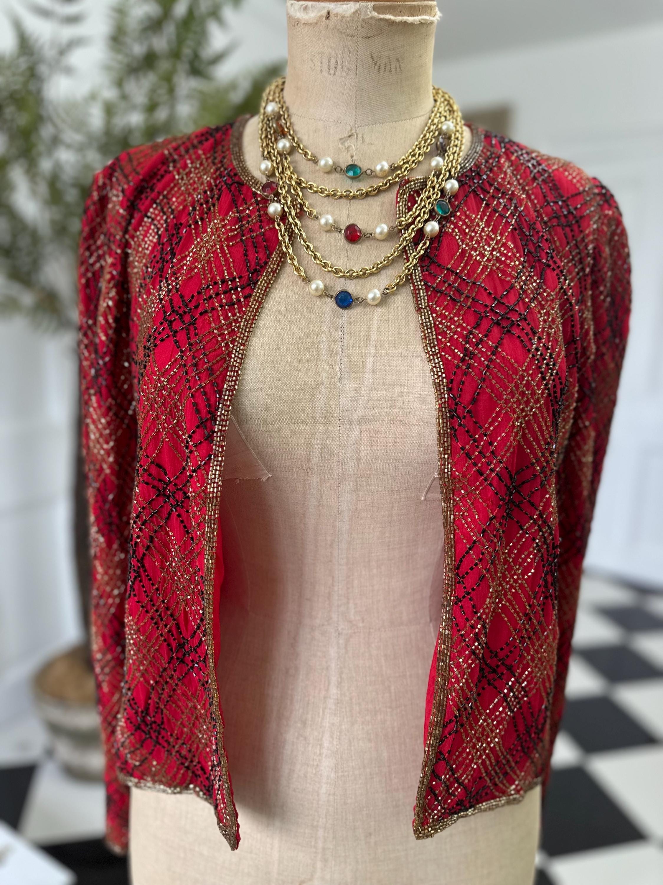 1980 silk red coctail jacket in black and gold beading